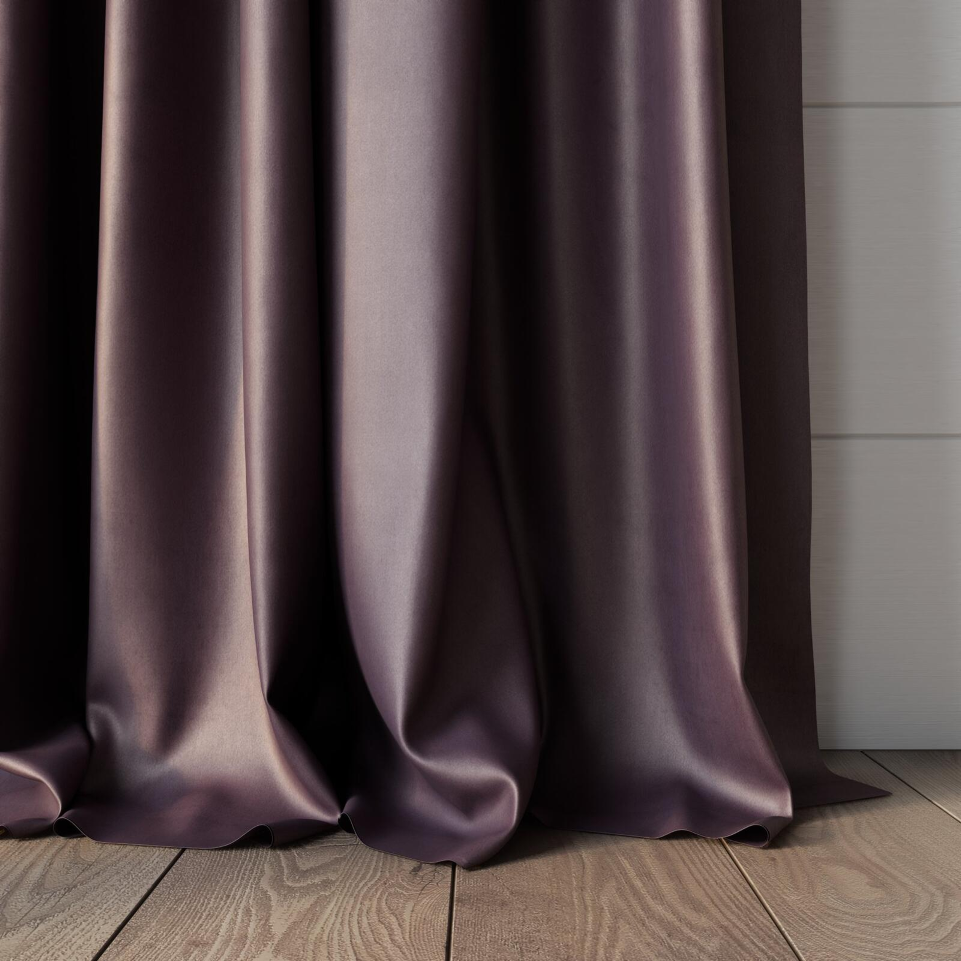 Bottom view of Warlock Mauve, puddled, on curtain rod