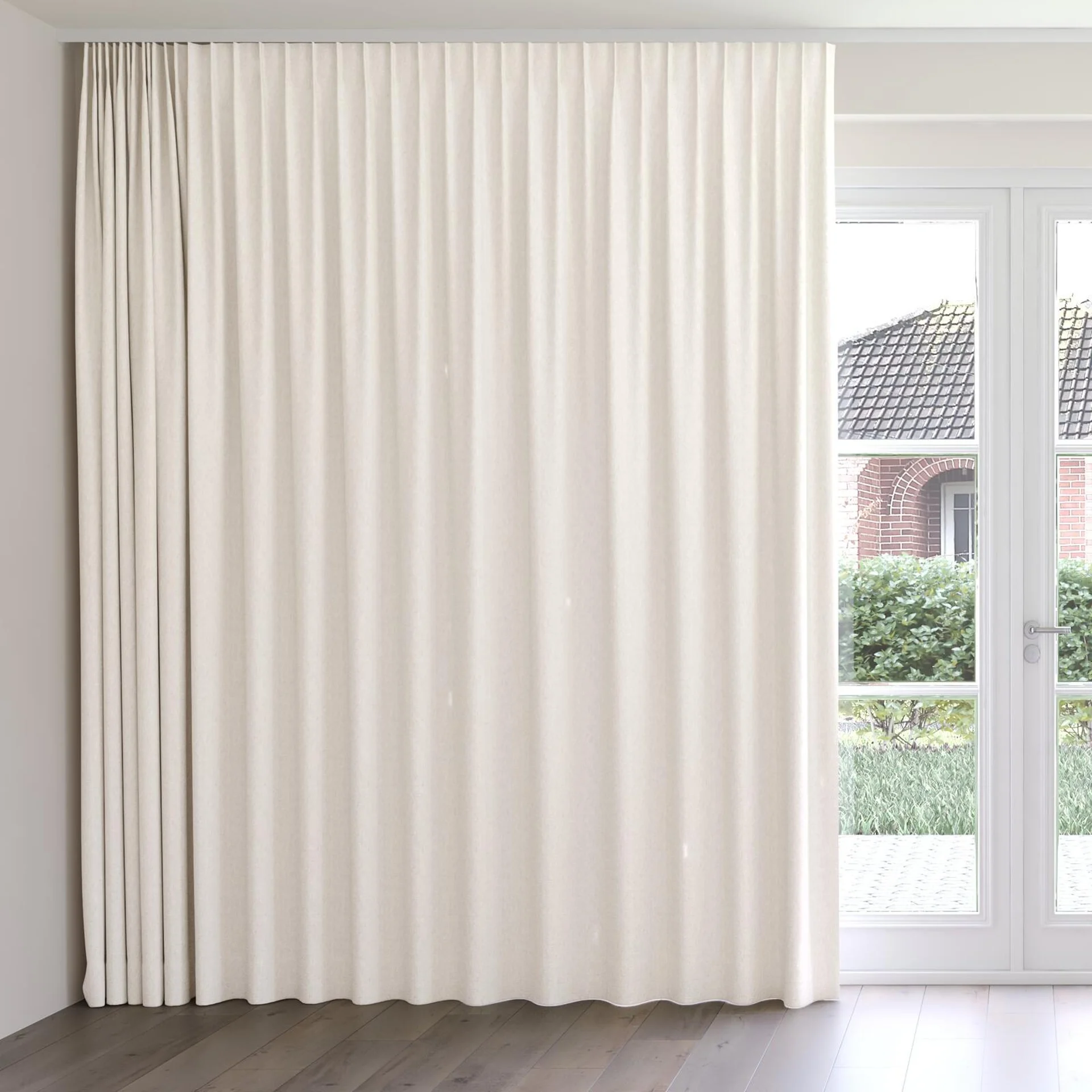 Front view of Obi Stonewash Eggshell, on curtain rail