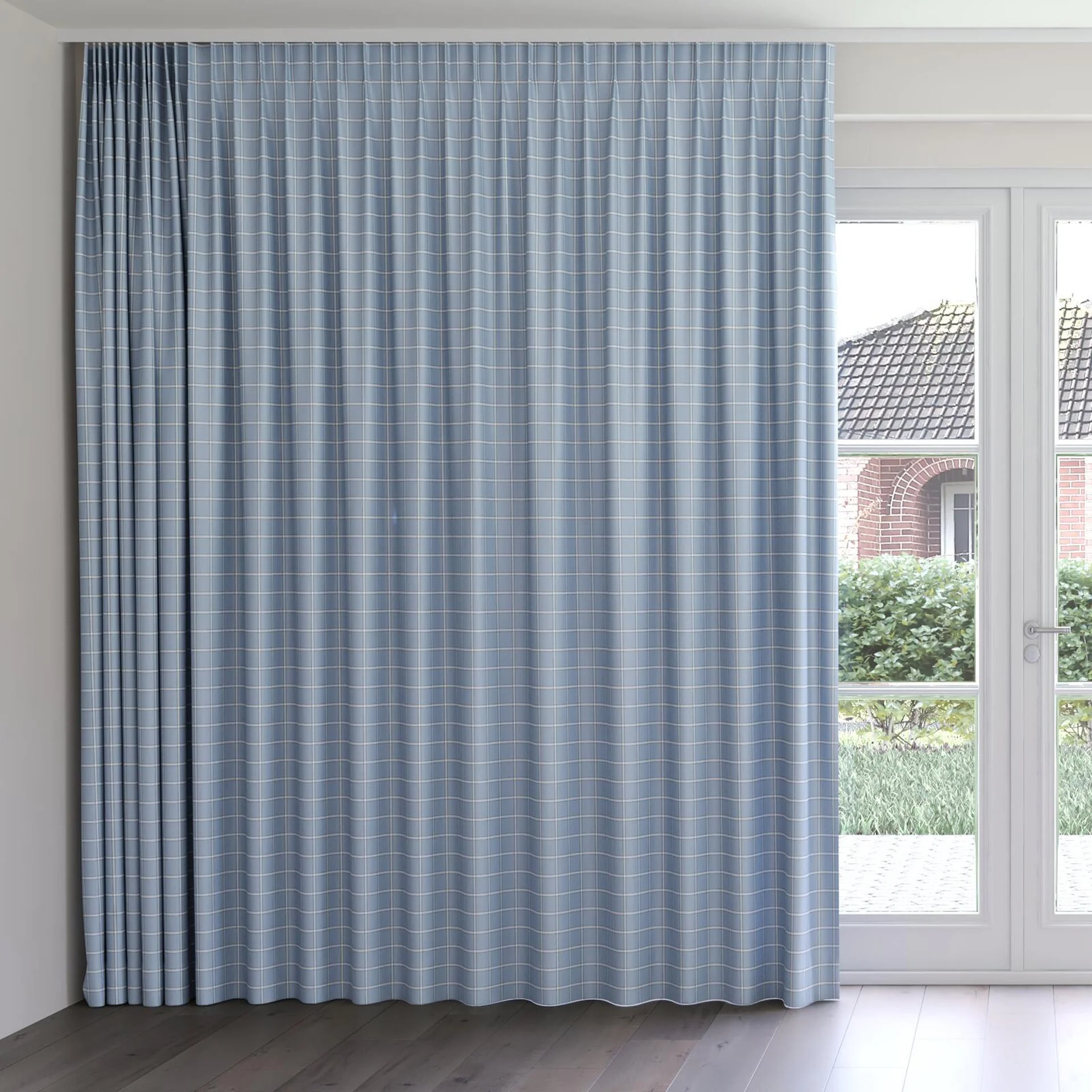 Front view of Southport Sky Blue, on curtain rail