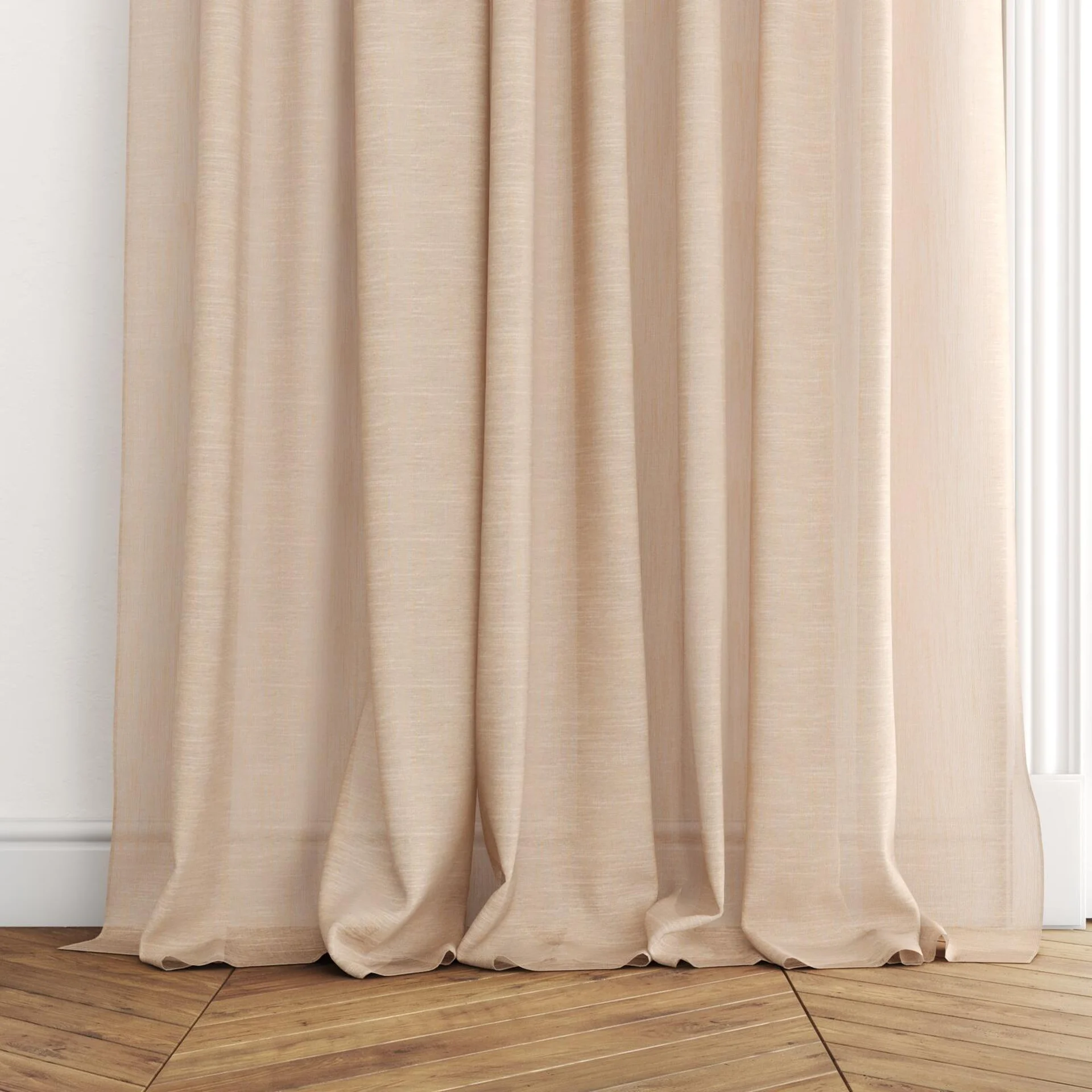 Bottom view of Angelic Melon, puddled with pinch pleat, on curtain rod