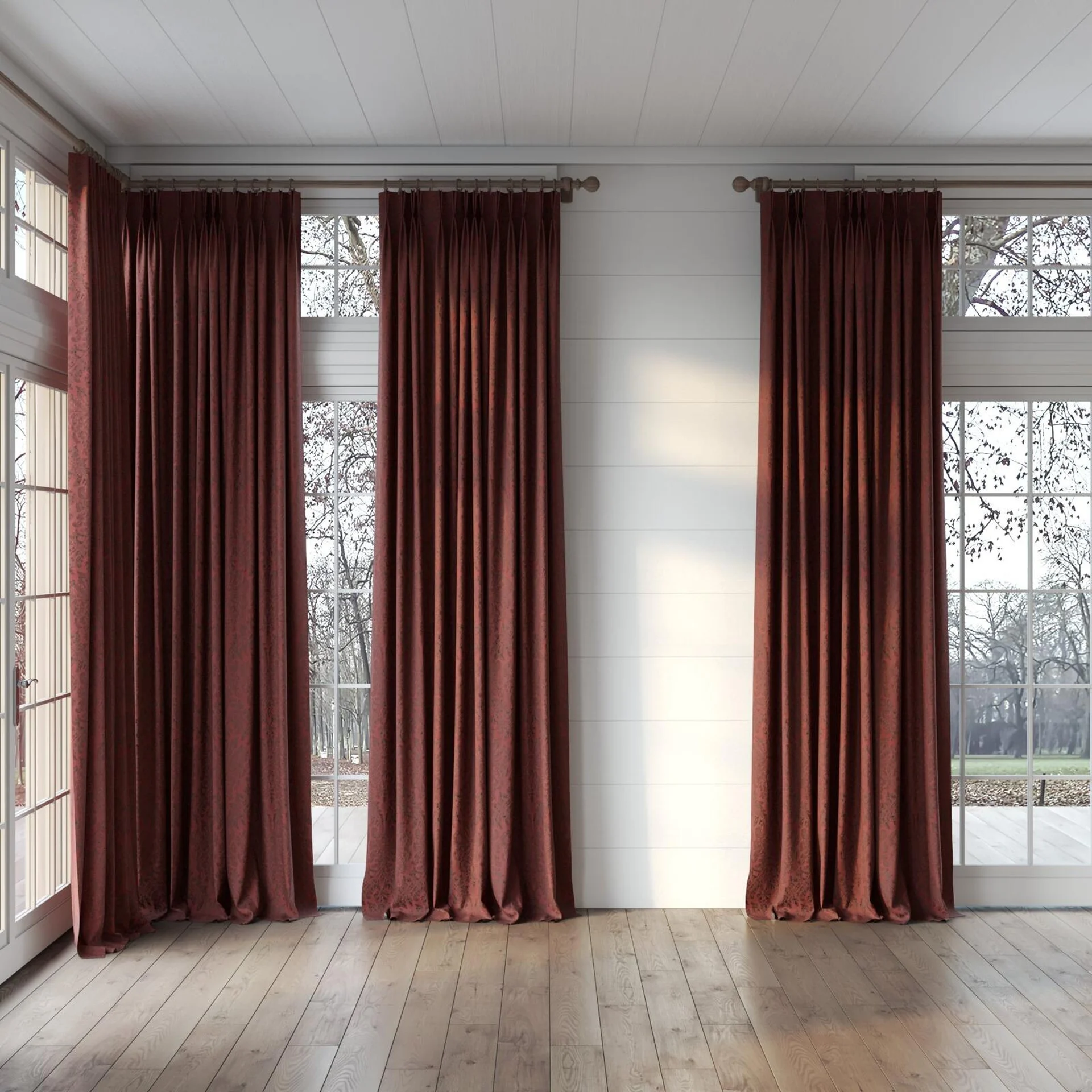 Full view of Gosh Bordeaux, puddled, on curtain rod