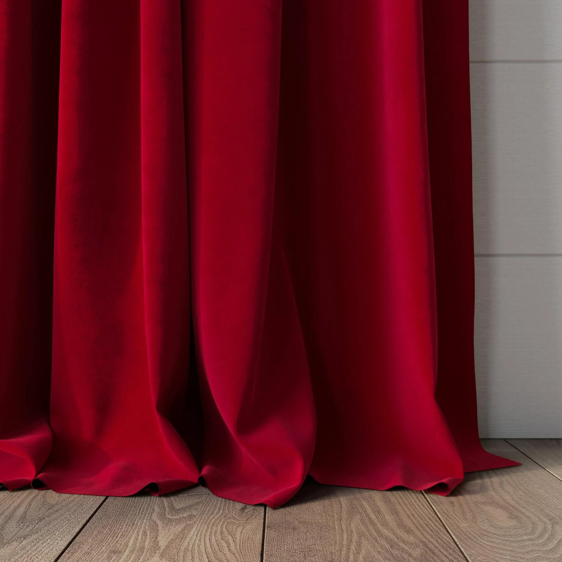 Bottom view of Lux Velvet Crimson 8605, puddled, on curtain rod