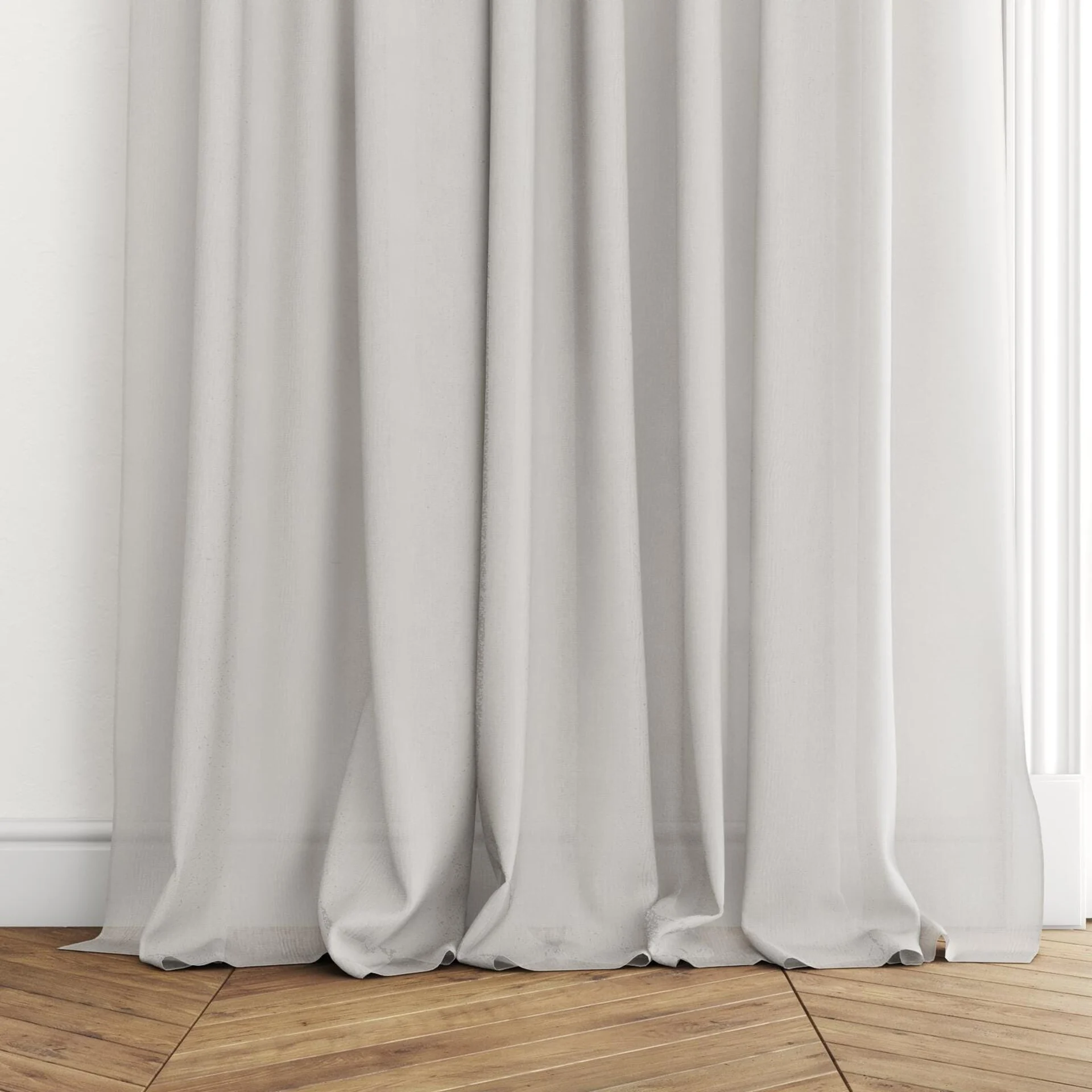 Bottom view of Antipodes Oyster, puddled with pinch pleat, on curtain rod