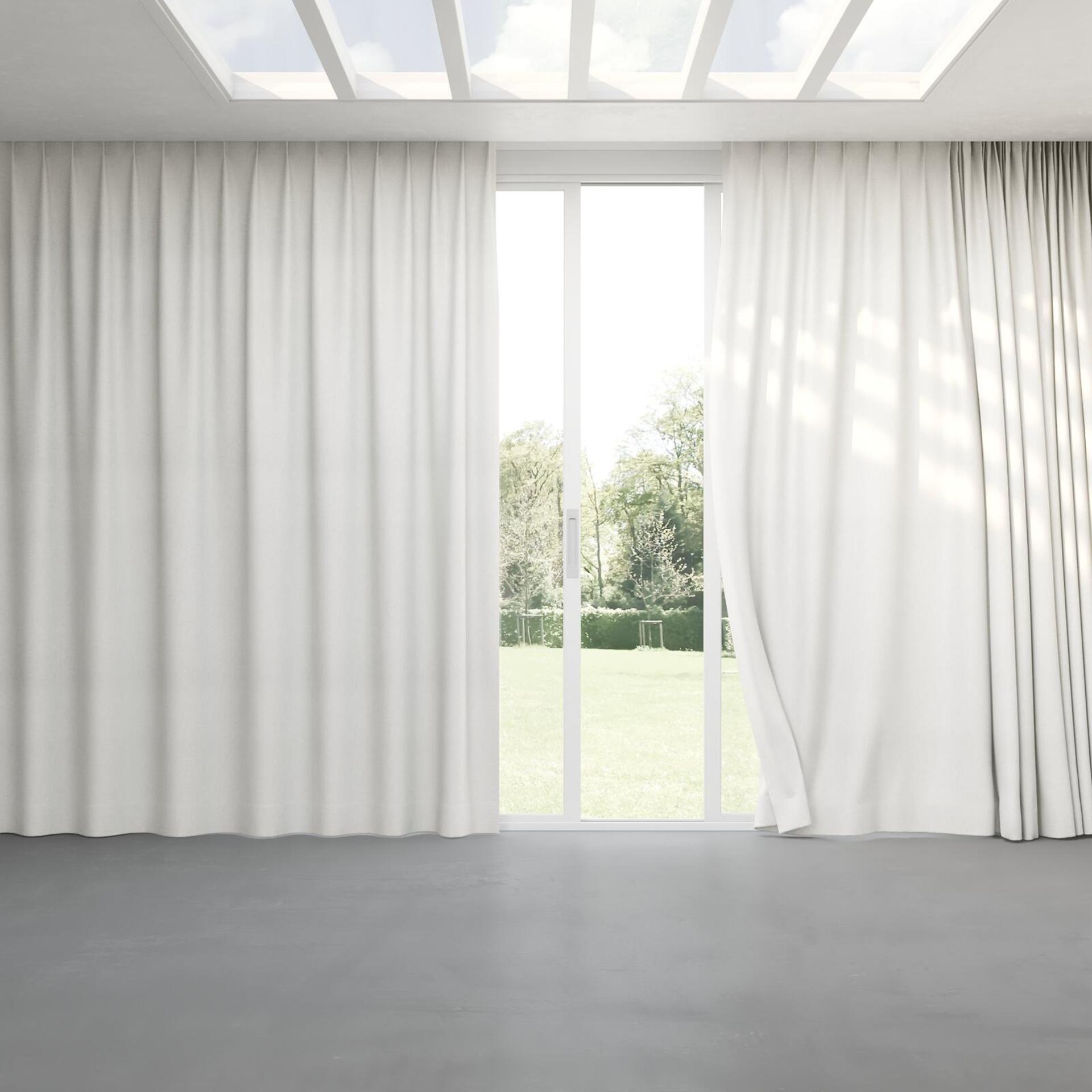 Full view of Liberate Ecru, pinch pleat