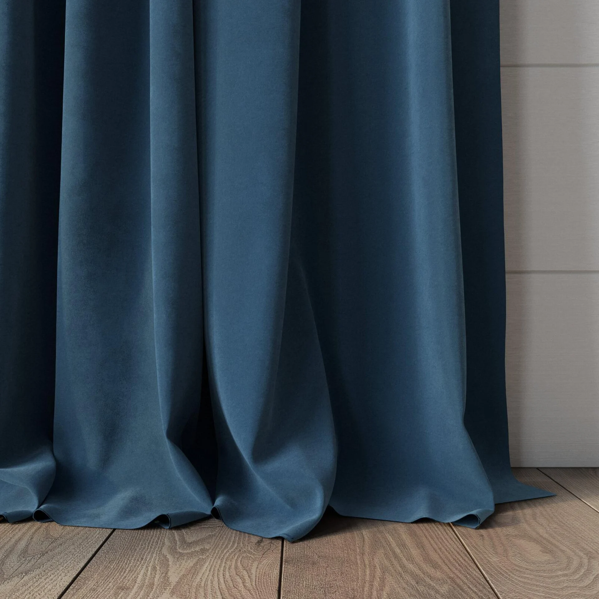 Bottom view of Lux Velvet Azure 8817, puddled, on curtain rod