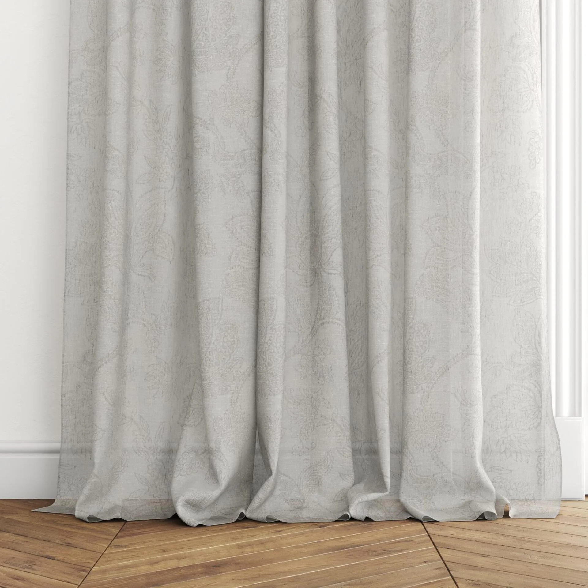 Bottom view of Savona Shadow, puddled with pinch pleat, on curtain rod