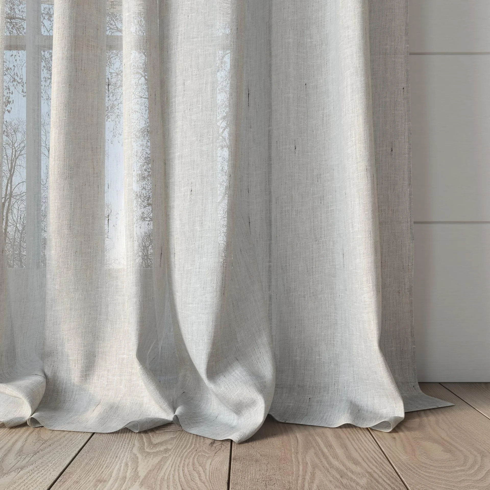 Bottom view of Bonsai Linen, puddled, on curtain rod