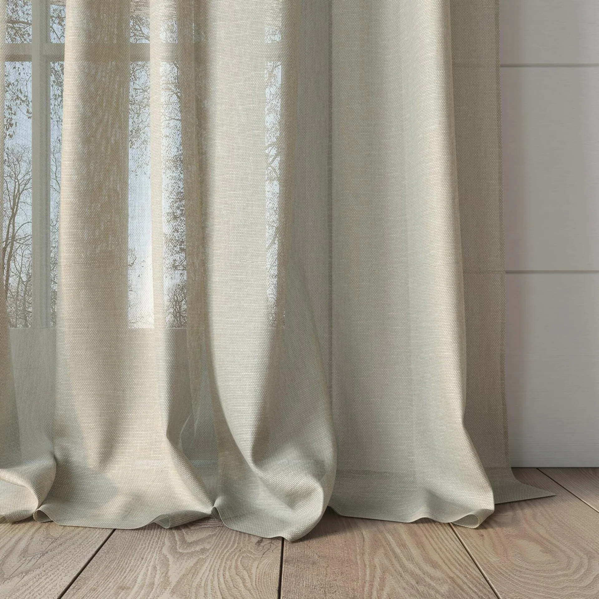 Bottom view of Alcova Linen, puddled, on curtain rod