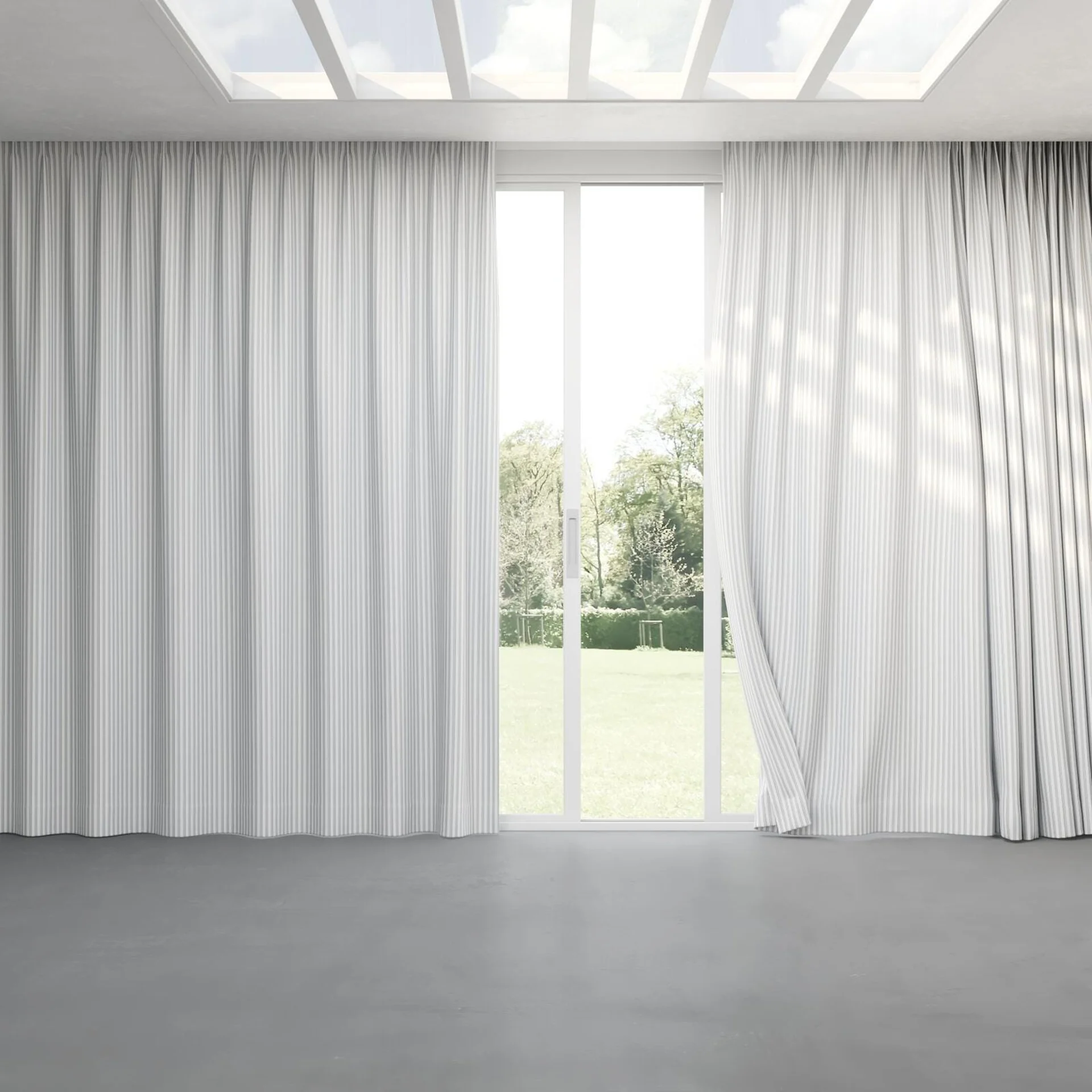 Full view of Chambray Ticking Sky Blue, pinch pleat