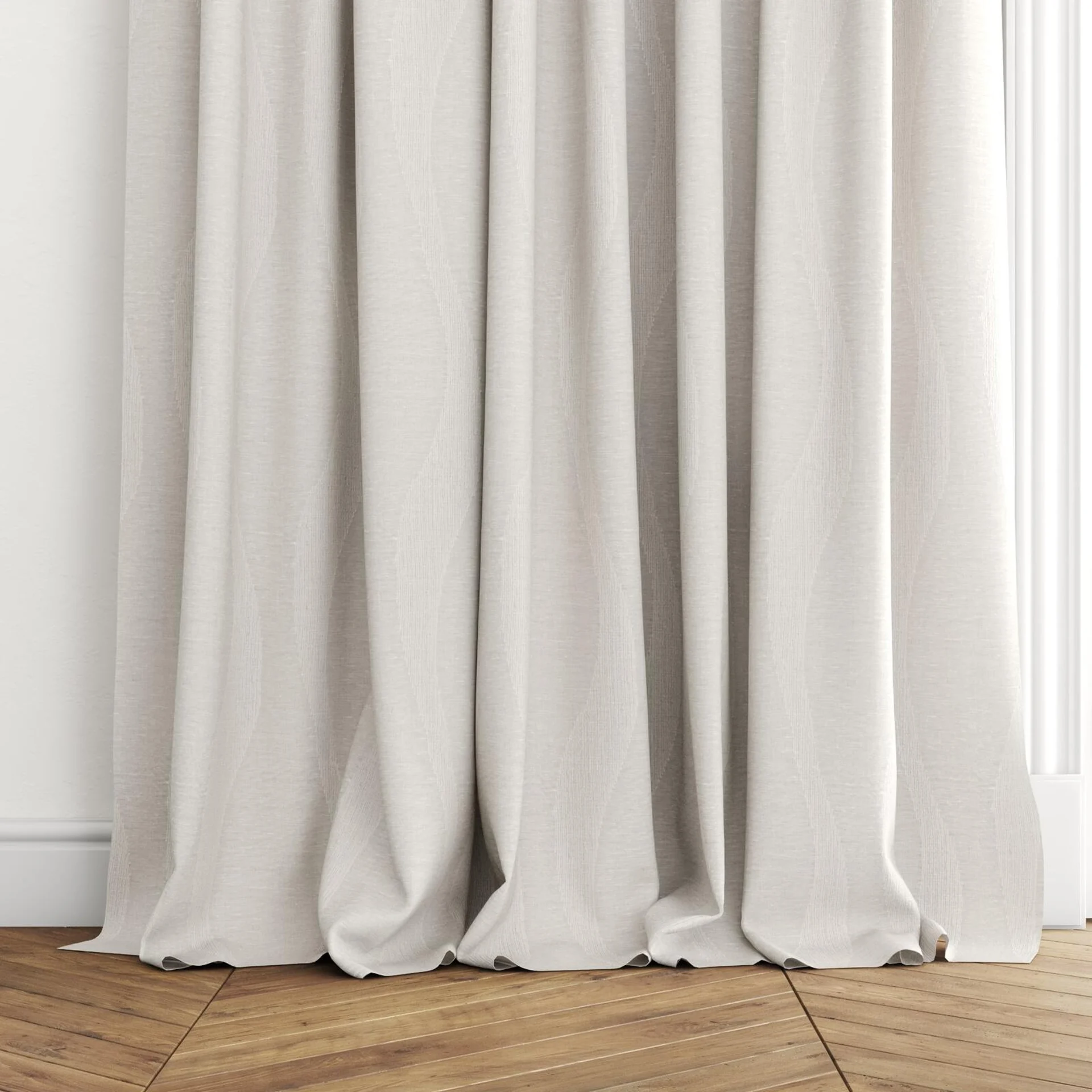Bottom view of Paramount Paramount Natural, puddled with pinch pleat, on curtain rod