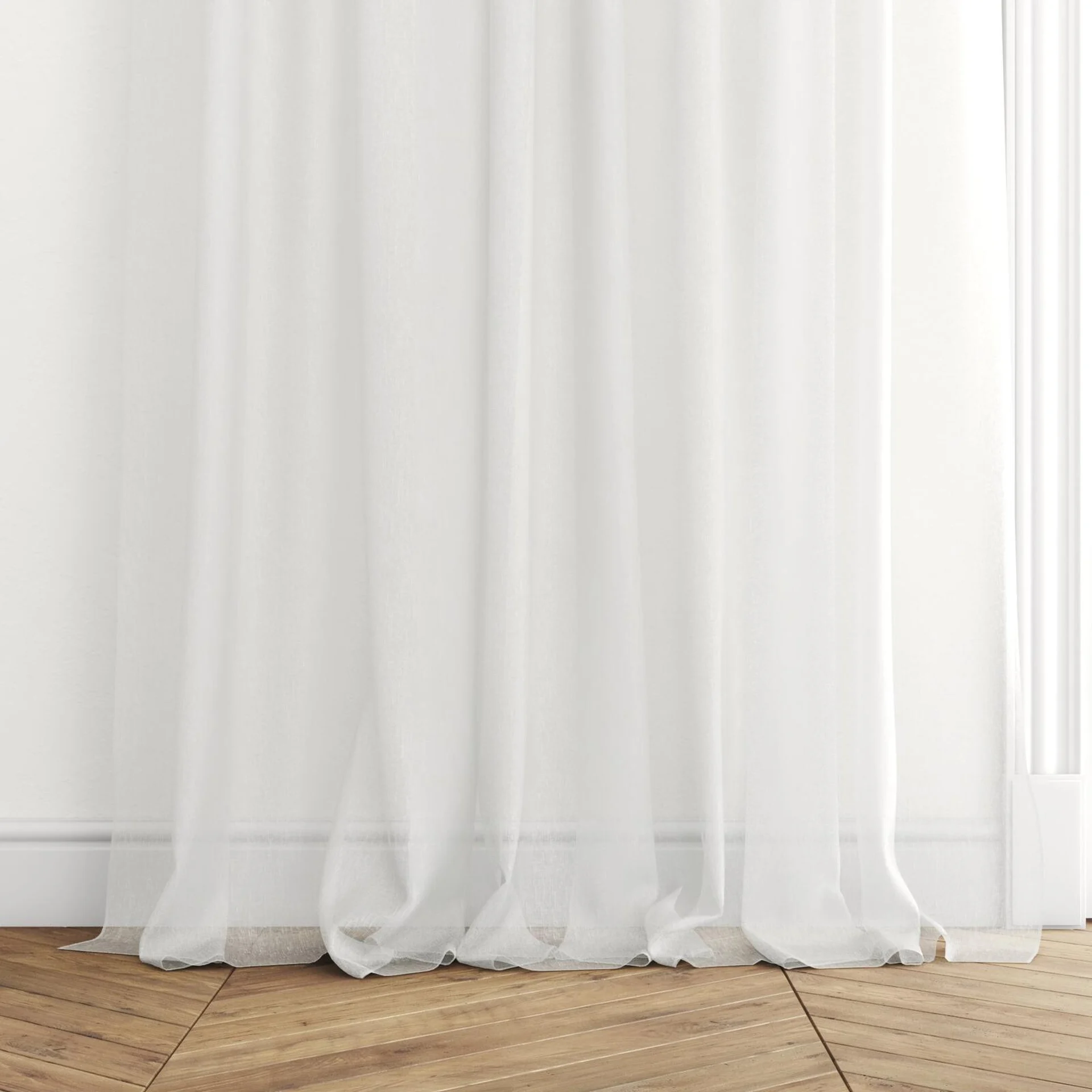 Bottom view of Descartes Ivory, puddled with pinch pleat, on curtain rod