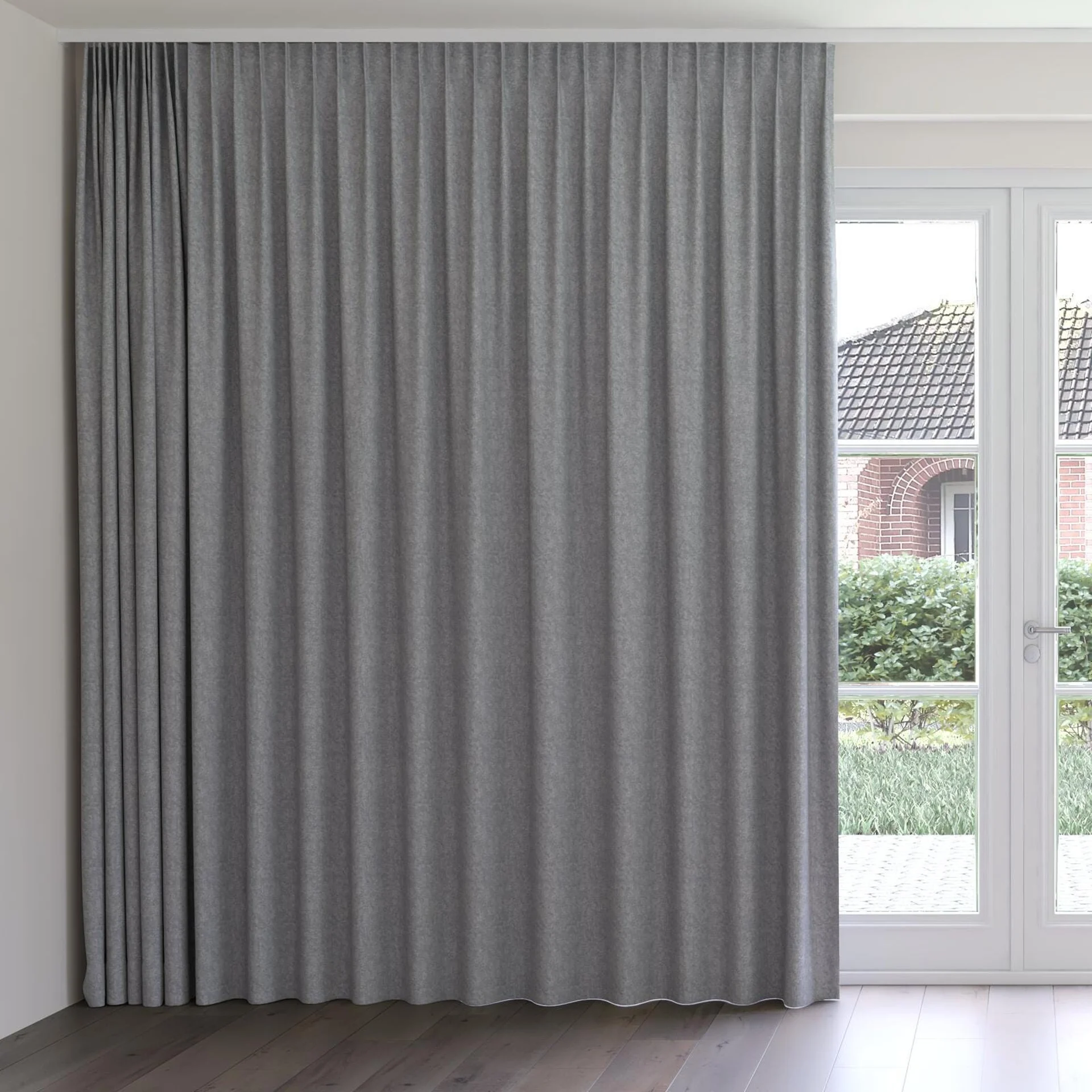 Front view of Avalon FR Blackout Steel, on curtain rail