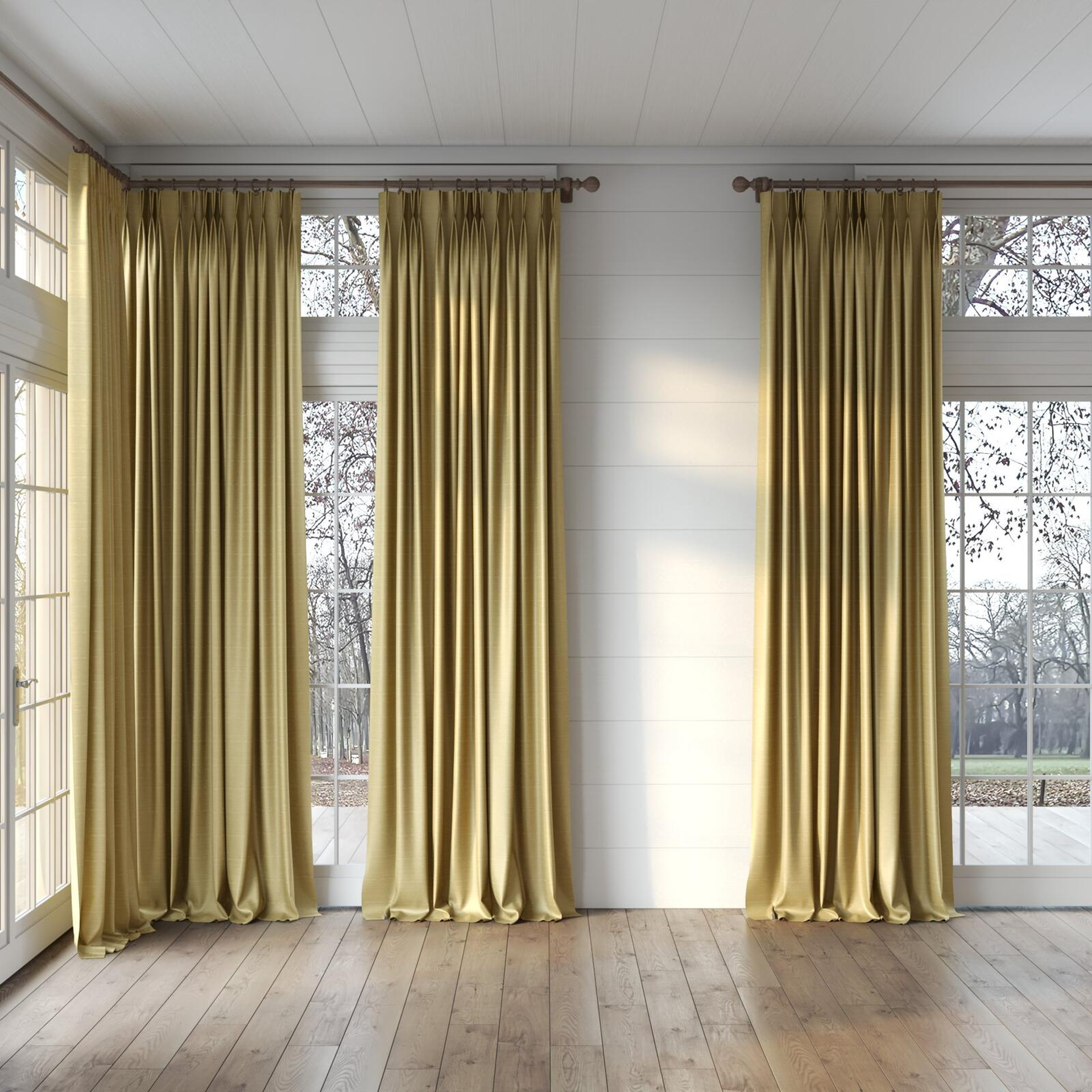 Full view of Silky Tinsel, puddled, on curtain rod