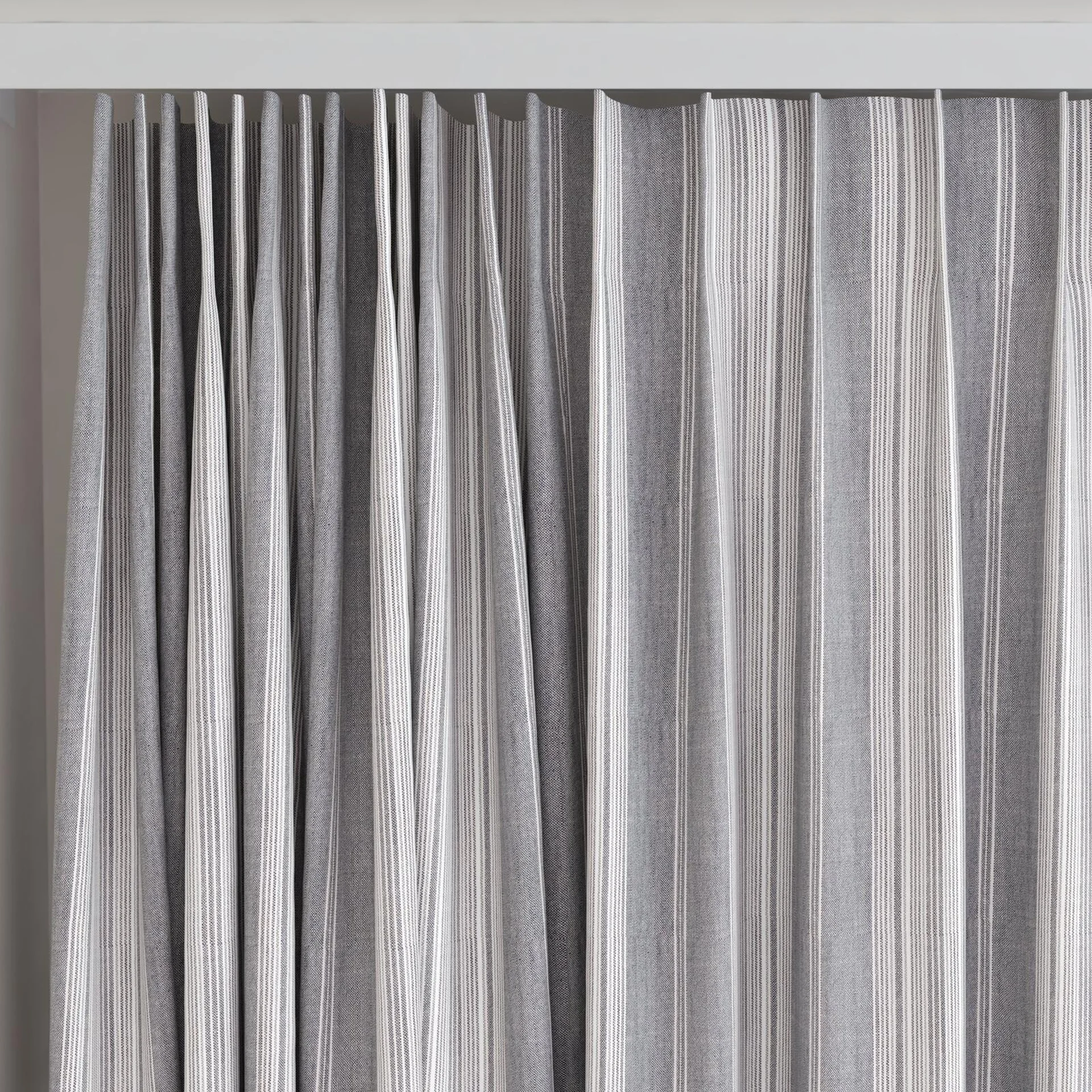 Top view of Chambray Multi Black, on curtain rail