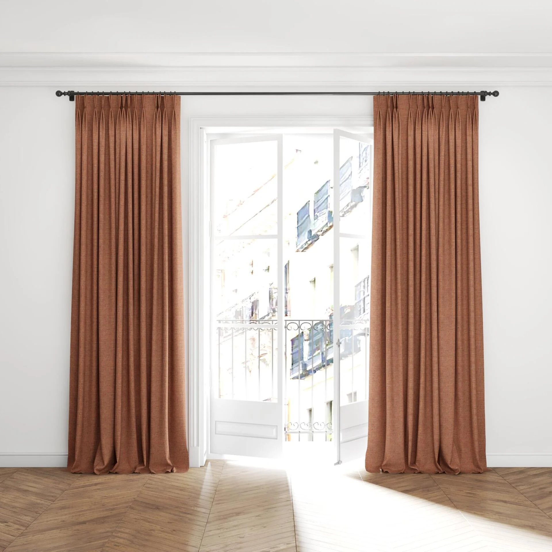 Full view of Dryland Sierra, puddled with pinch pleat, on curtain rod