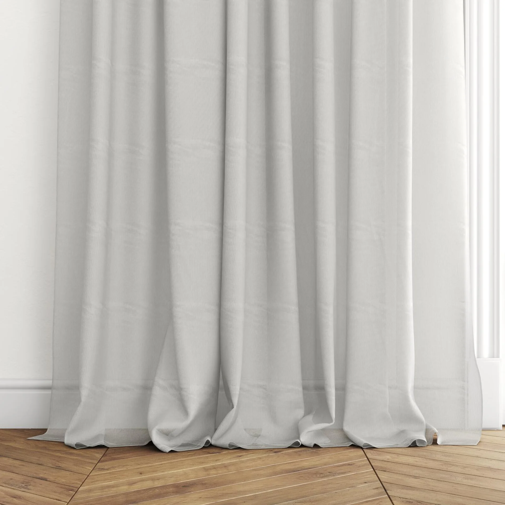 Bottom view of Jaba Ivory, puddled with pinch pleat, on curtain rod