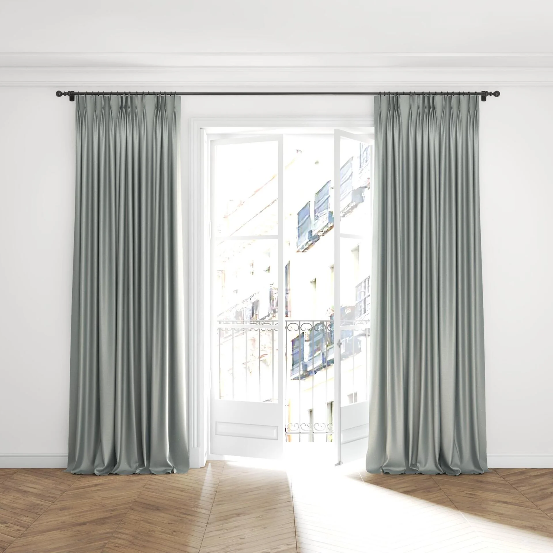 Full view of Kennedy II Blackout Willow, puddled with pinch pleat, on curtain rod