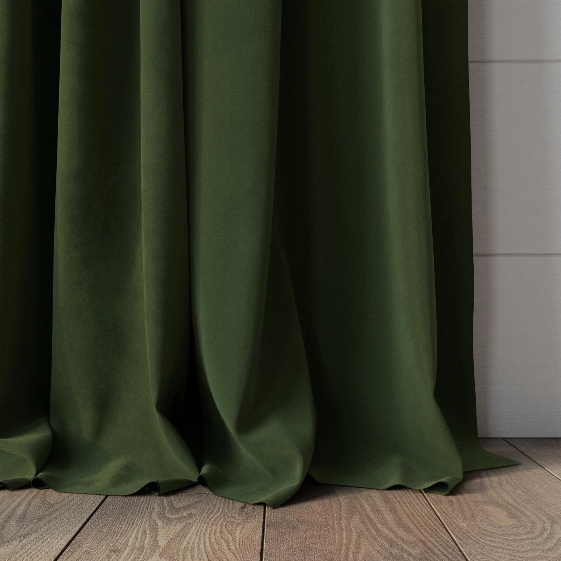 Bottom view of Lux Velvet Forest 8104, puddled, on curtain rod