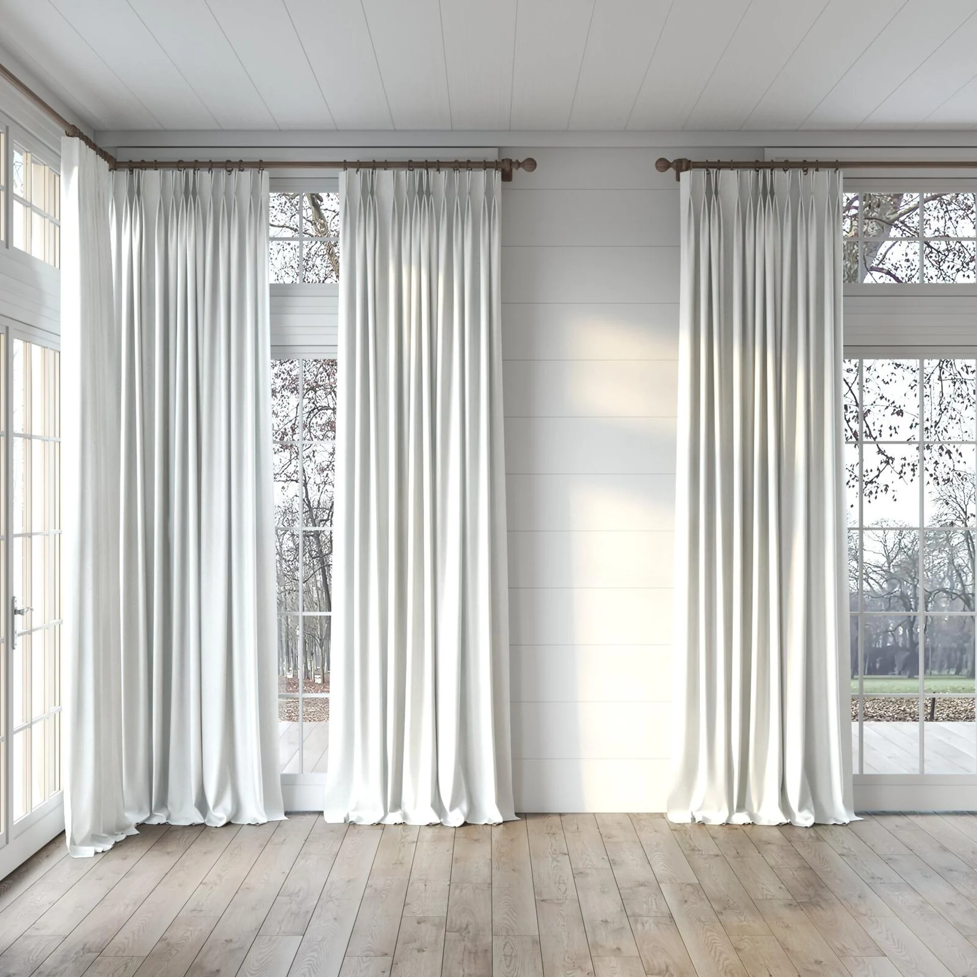 Full view of Liberate Ecru, puddled, on curtain rod