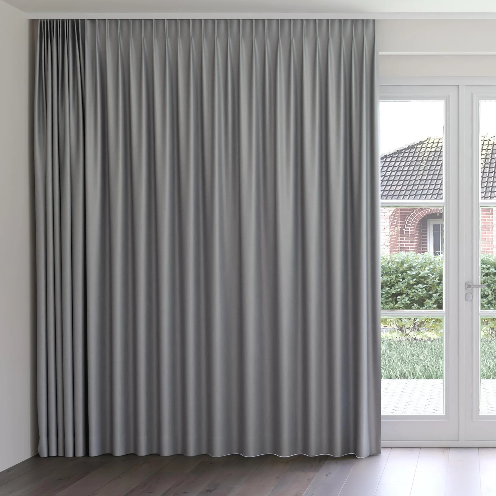 Front view of Eclipse Blackout Shadow, on curtain rail