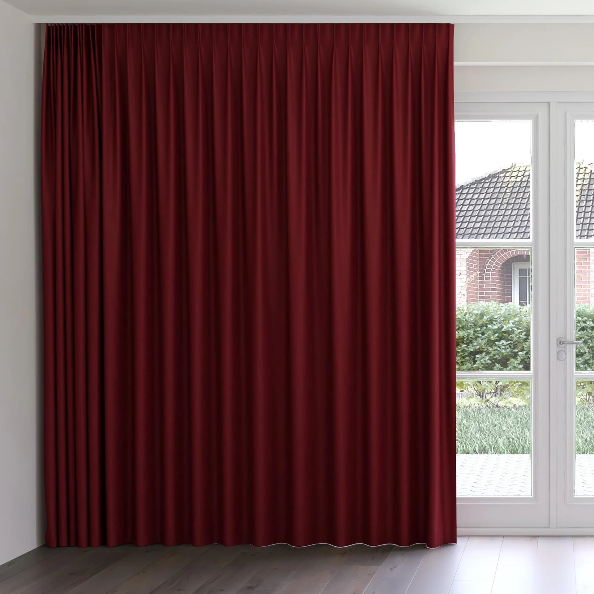 Front view of Woolskin Bordeaux, on curtain rail