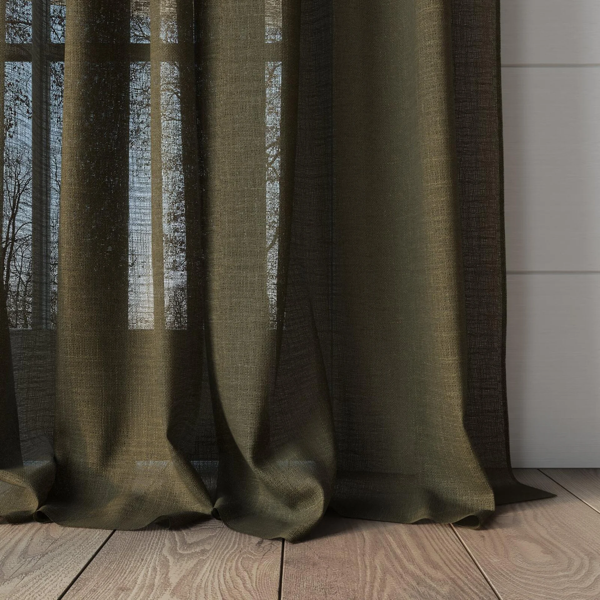 Bottom view of Verdant Camouflage, puddled, on curtain rod