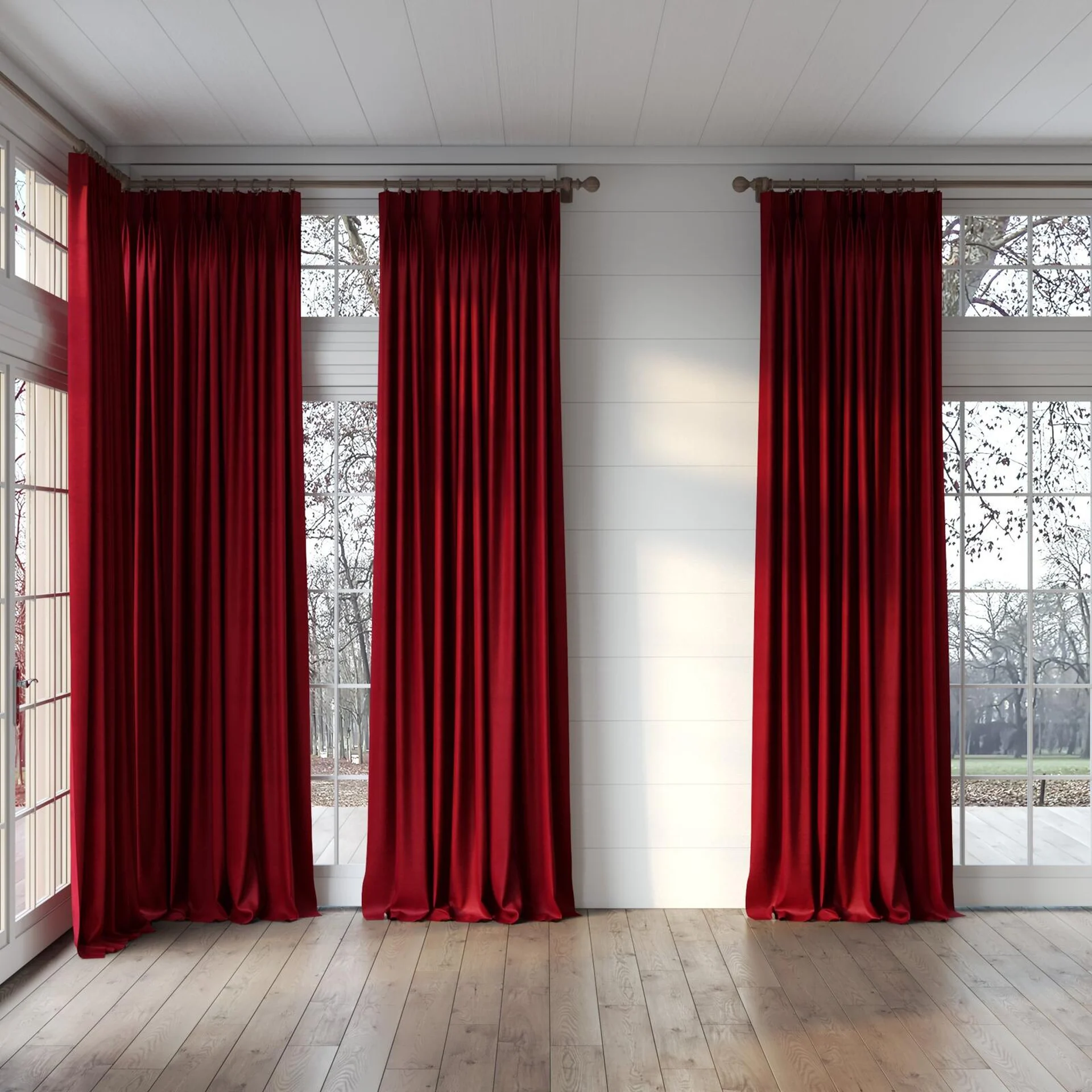 Full view of Baron Bordeaux, puddled, on curtain rod