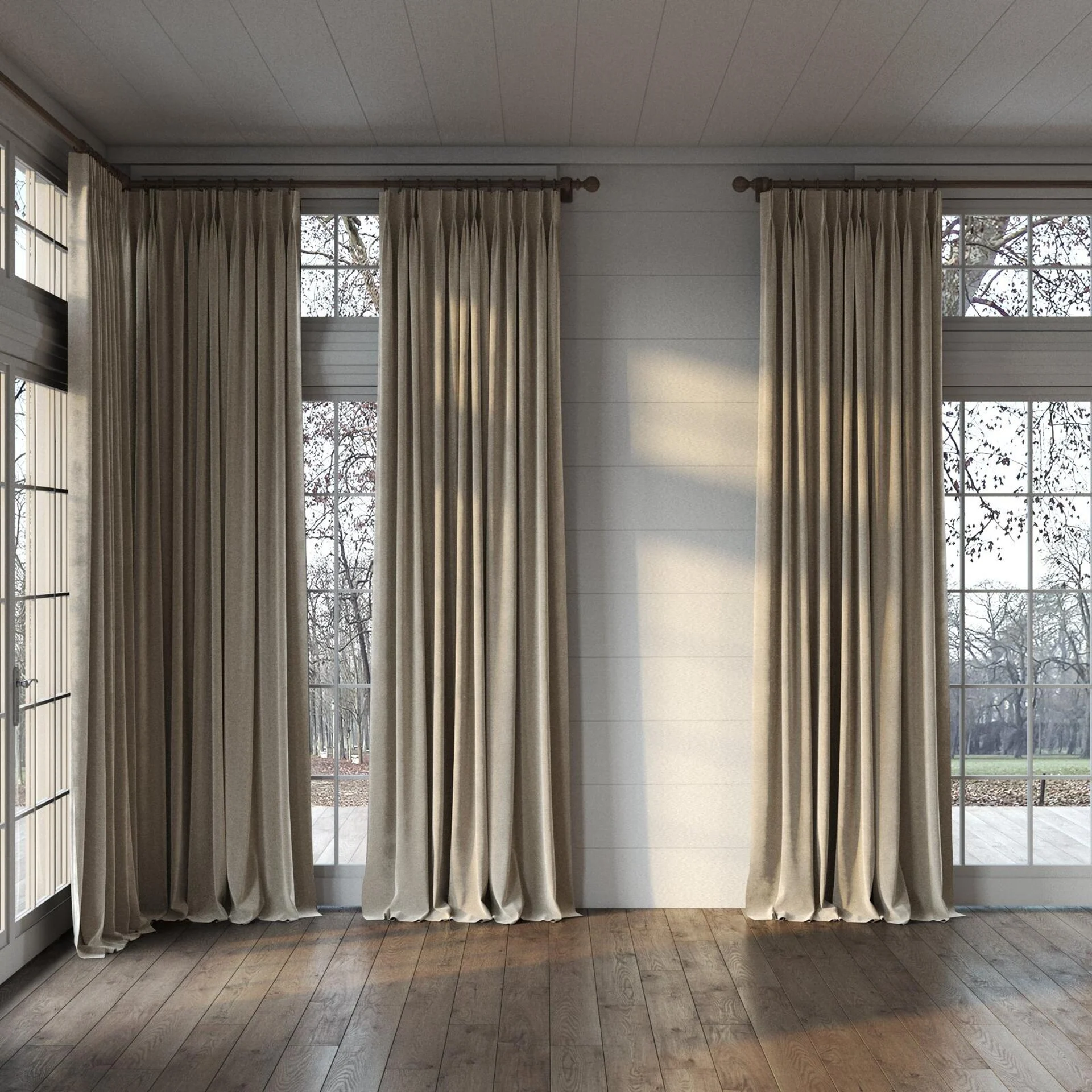 Full view of Geneva Funghi, puddled, on curtain rod