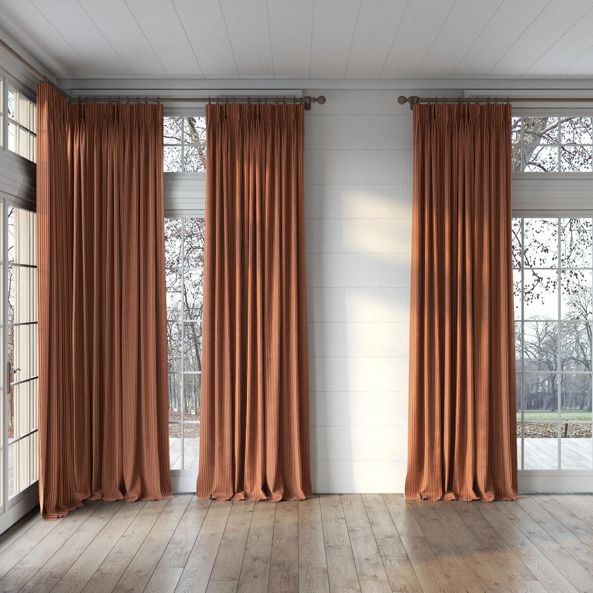 Full view of Embrace Copper, puddled, on curtain rod