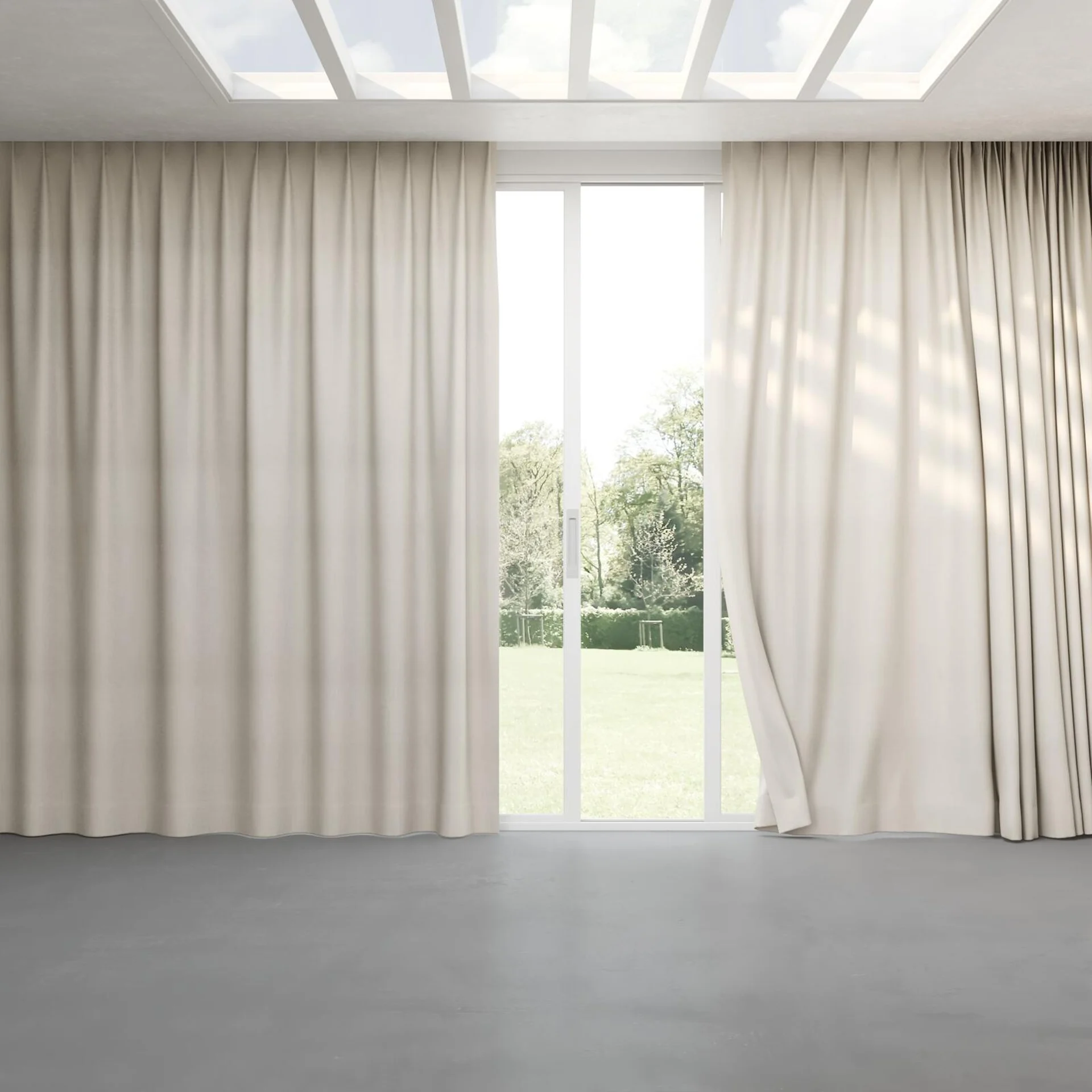 Full view of Loci Dim Out Ecru, pinch pleat