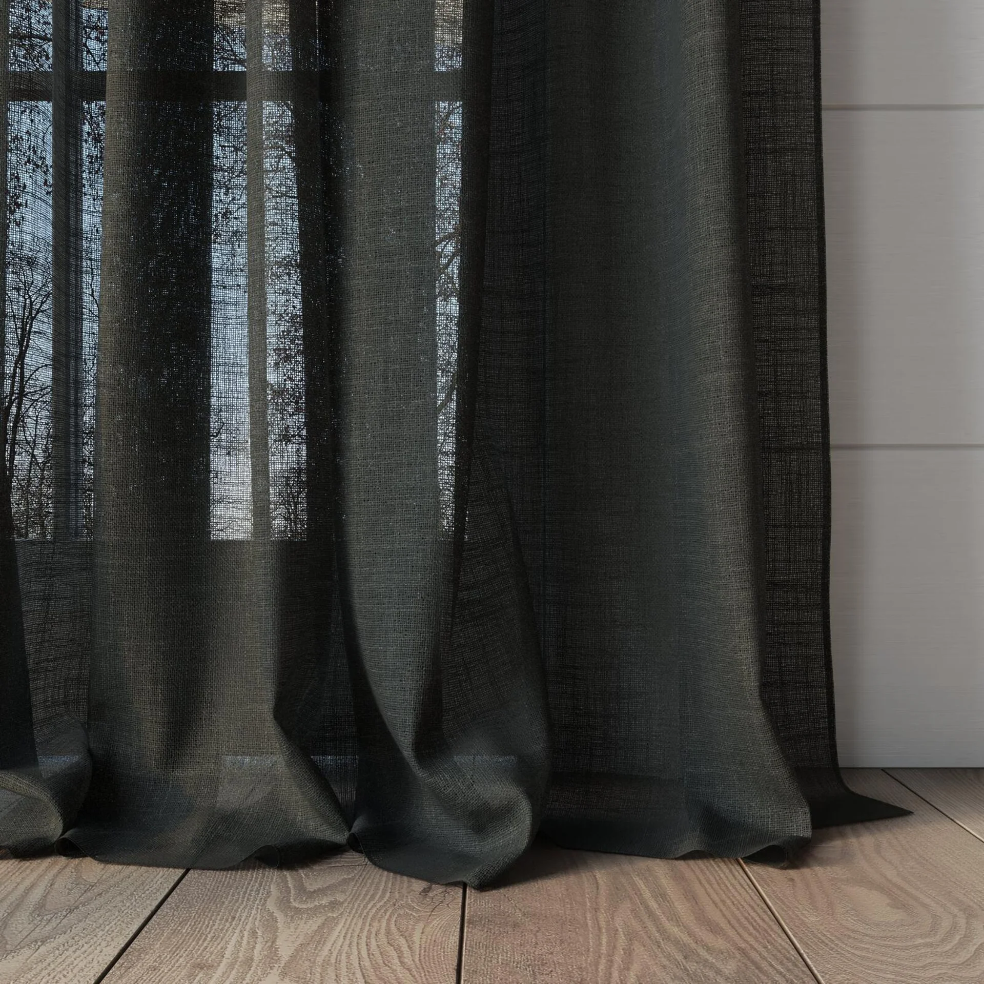 Bottom view of Verdant Charcoal, puddled, on curtain rod