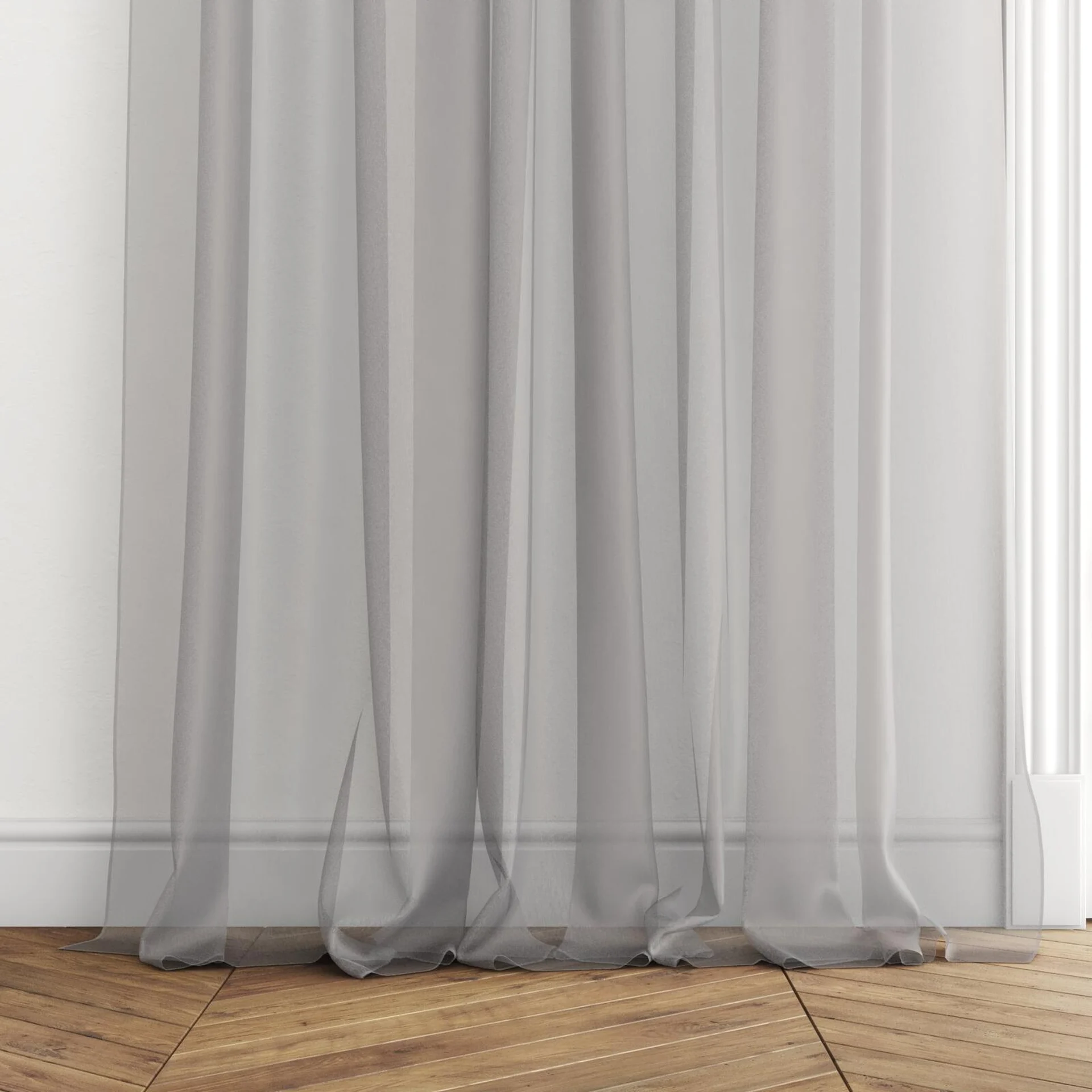 Bottom view of Malaga Smoke, puddled with pinch pleat, on curtain rod