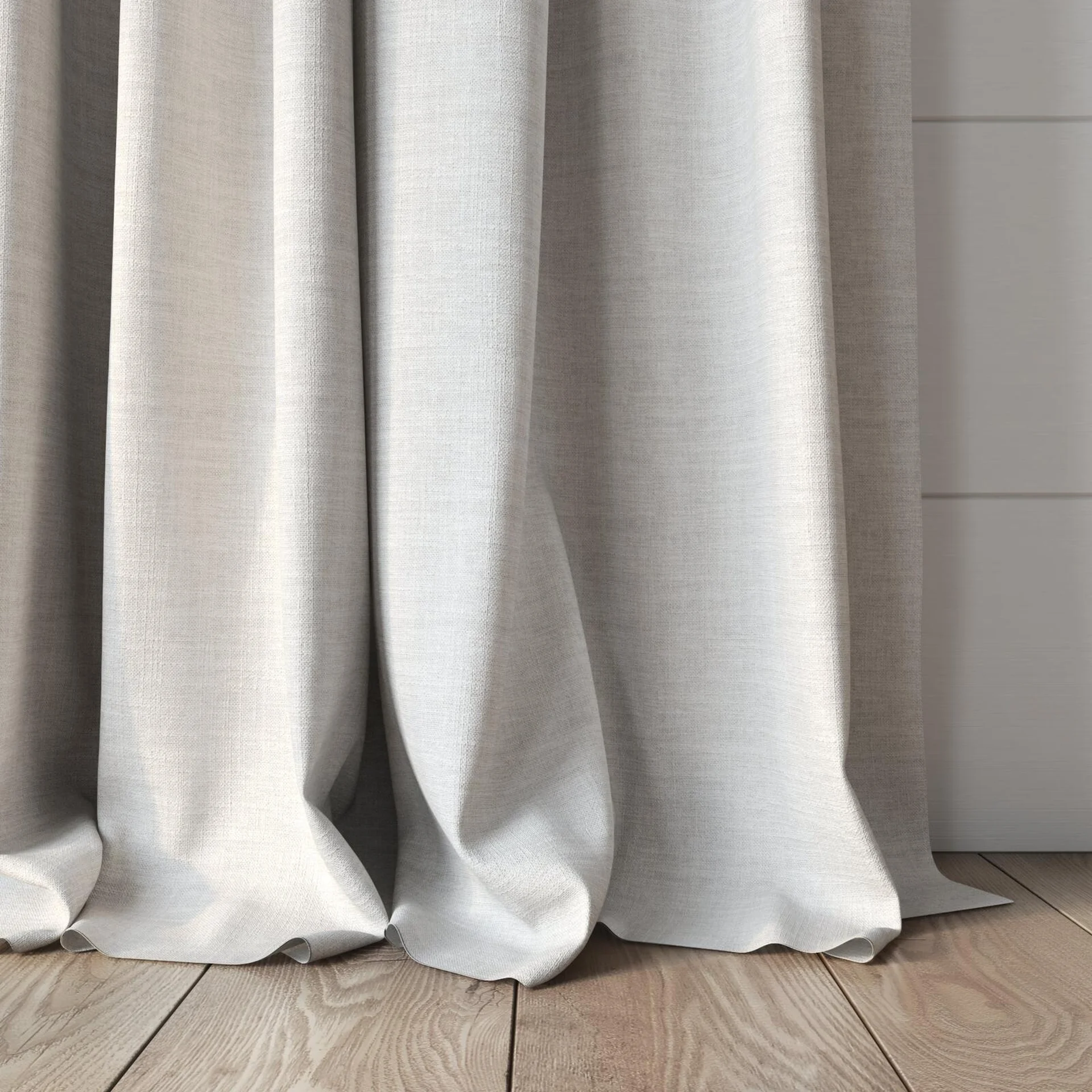 Bottom view of Envoy 2 Chino 320cm, puddled, on curtain rod