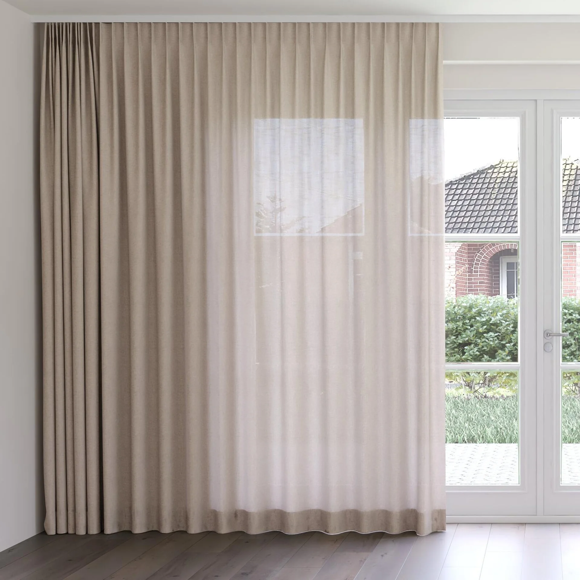 Front view of Envoy 2 Doeskin 320cm, on curtain rail