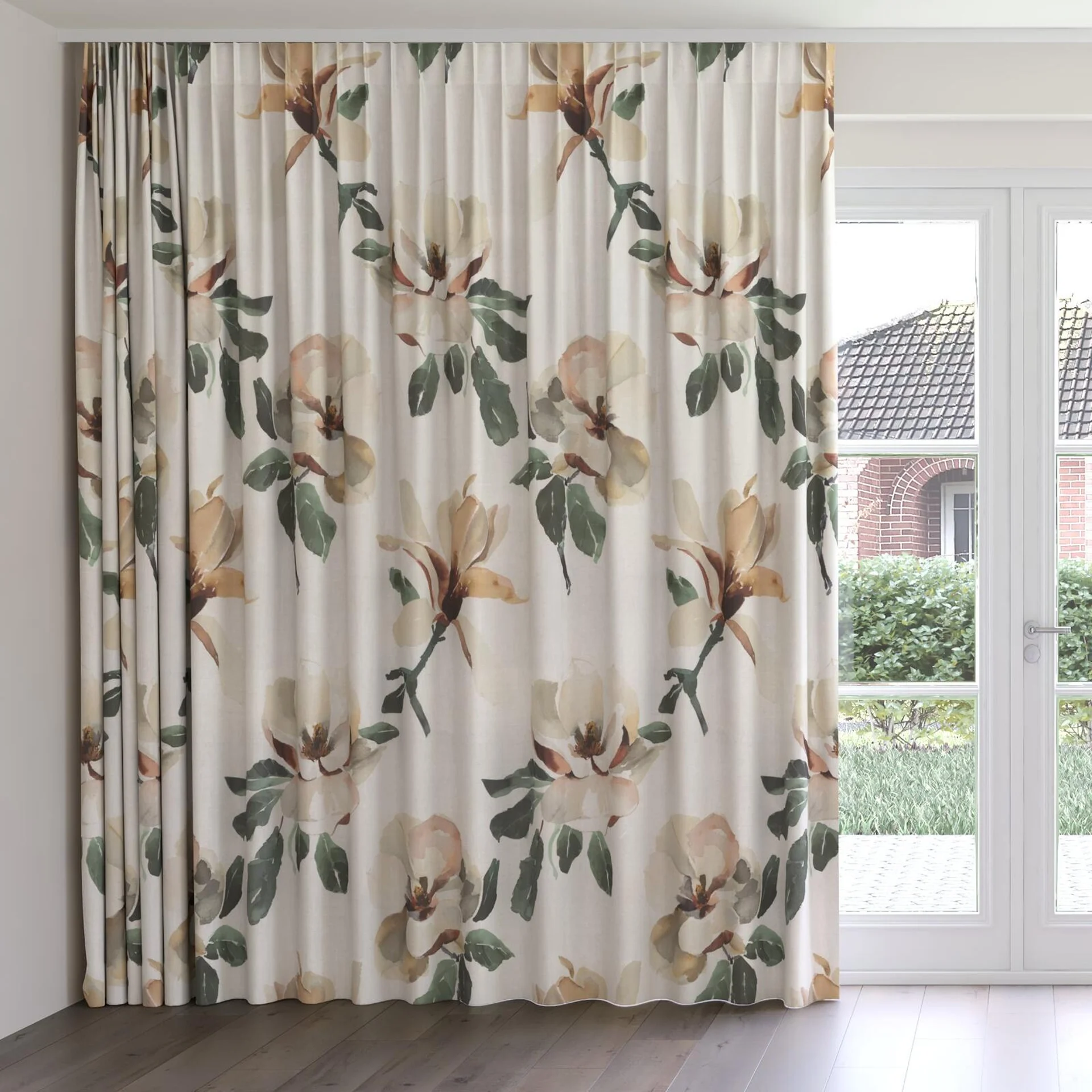 Front view of Magnolia Grandiflora Cayenne, on curtain rail
