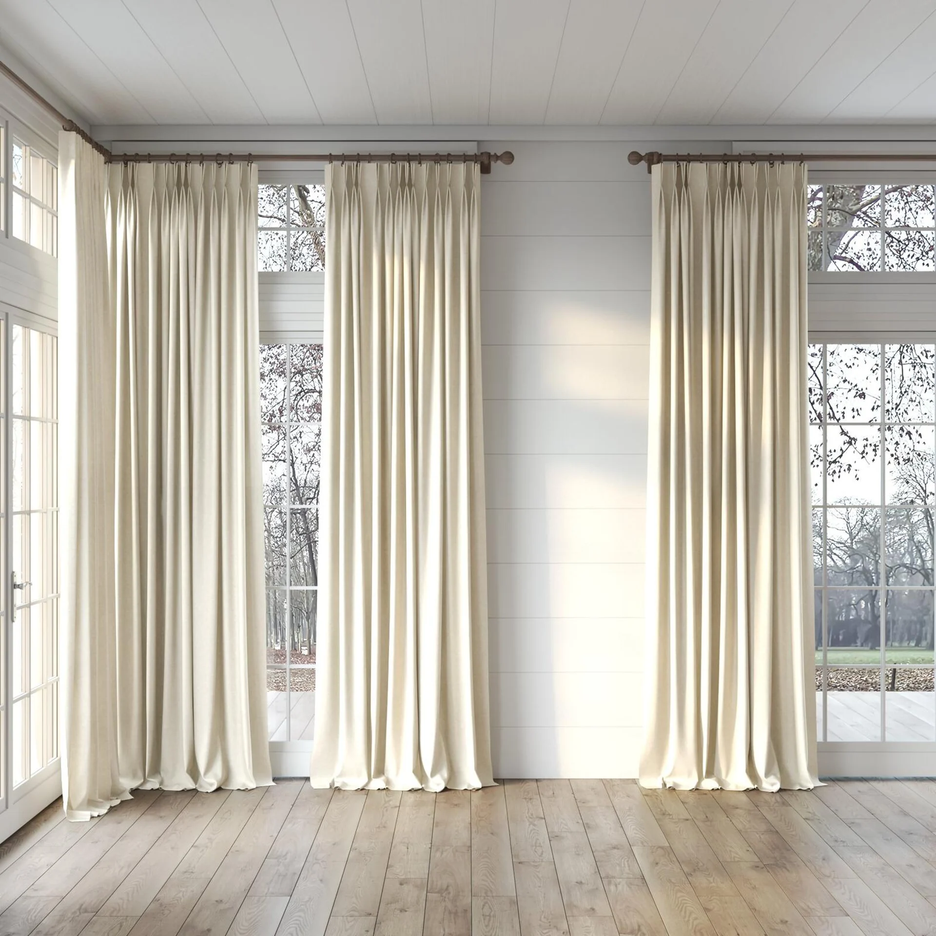 Full view of Goa Linen, puddled, on curtain rod