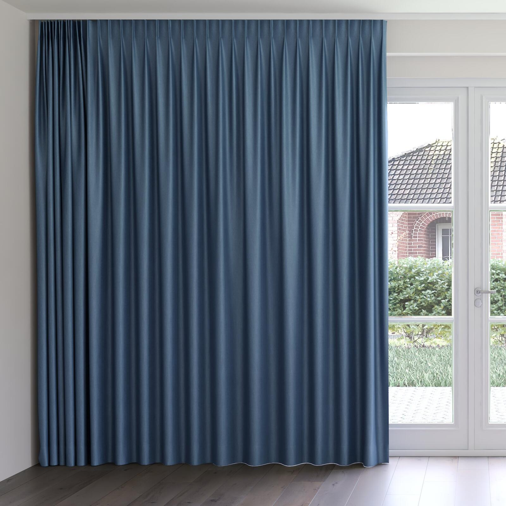 Front view of Matrix Denim, on curtain rail