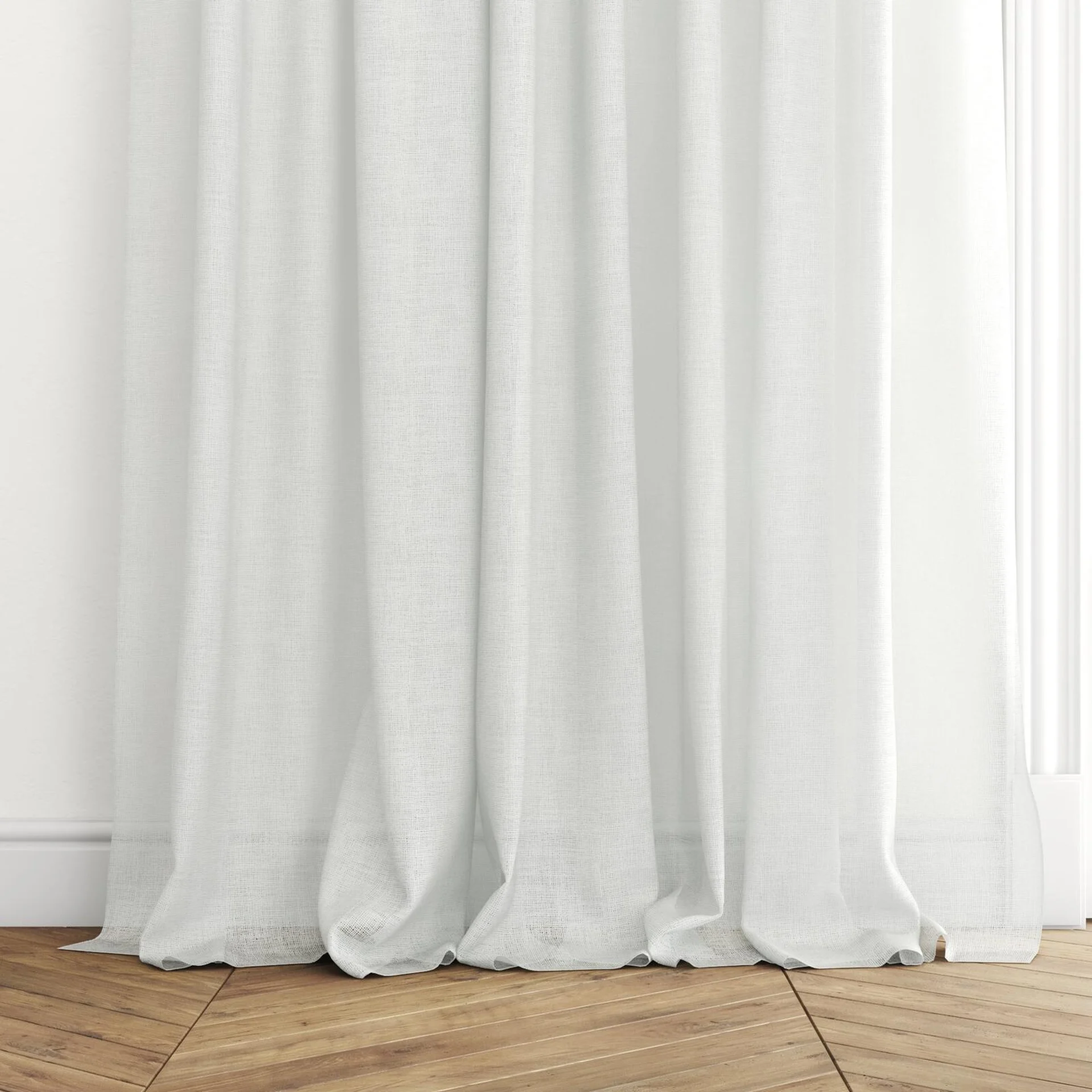 Bottom view of Statement Snow, puddled with pinch pleat, on curtain rod