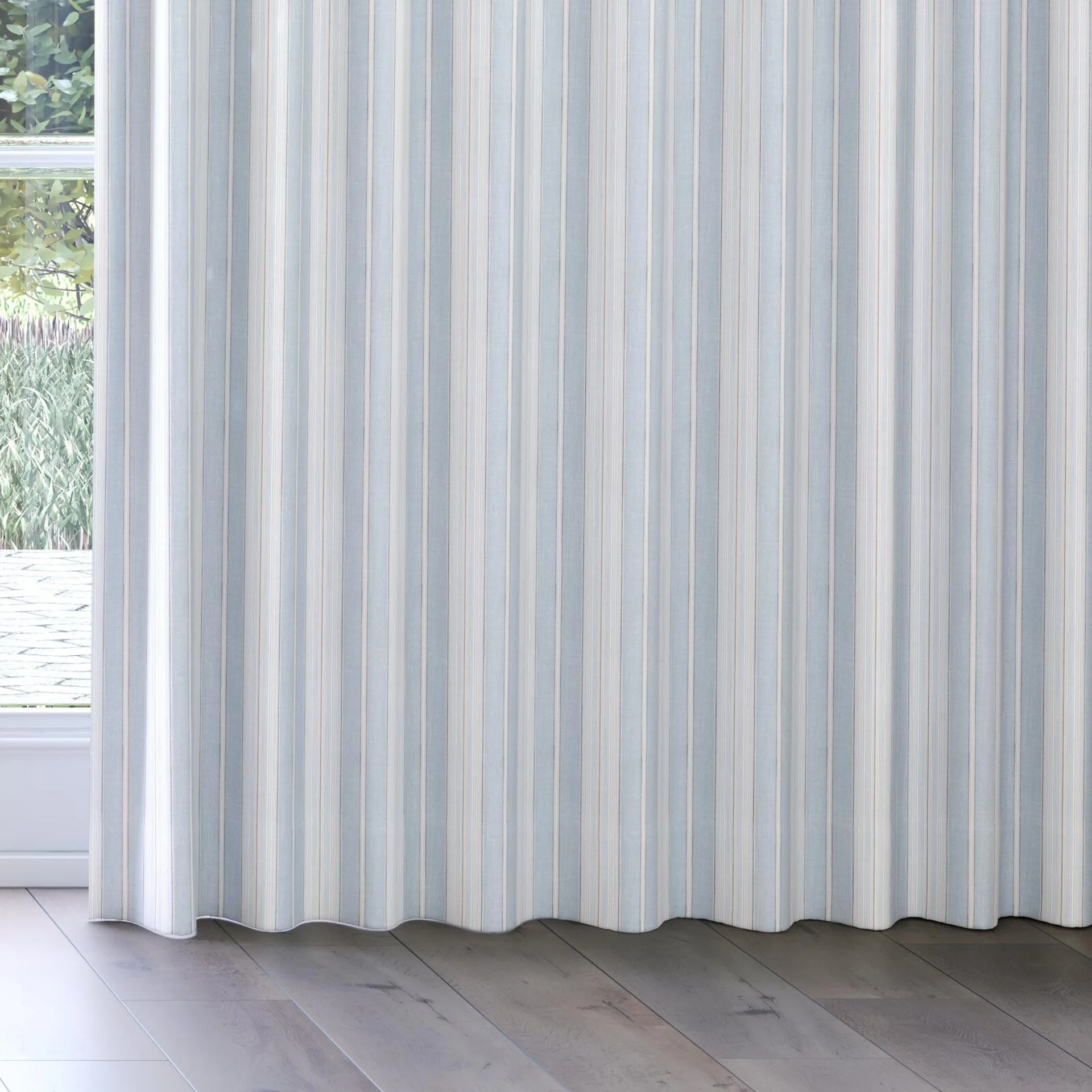 Bottom view of Chambray Multi Sky Blue, on curtain rail