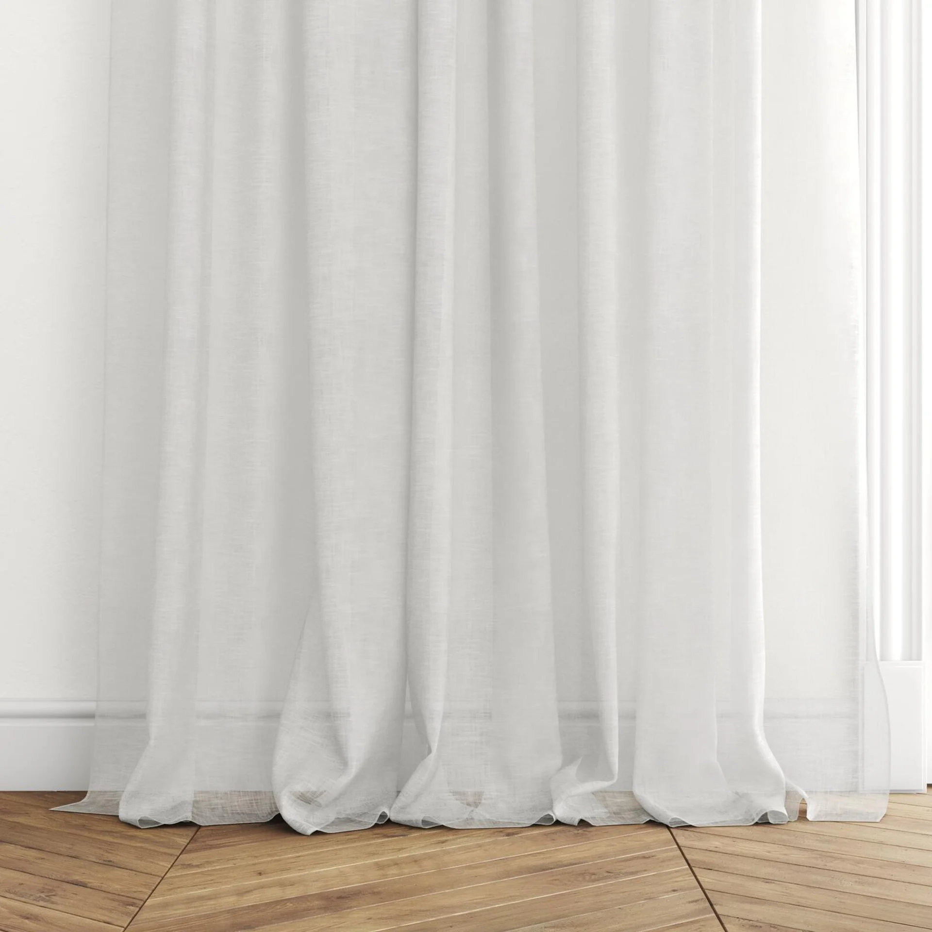 Bottom view of Coastal Shell, puddled with pinch pleat, on curtain rod