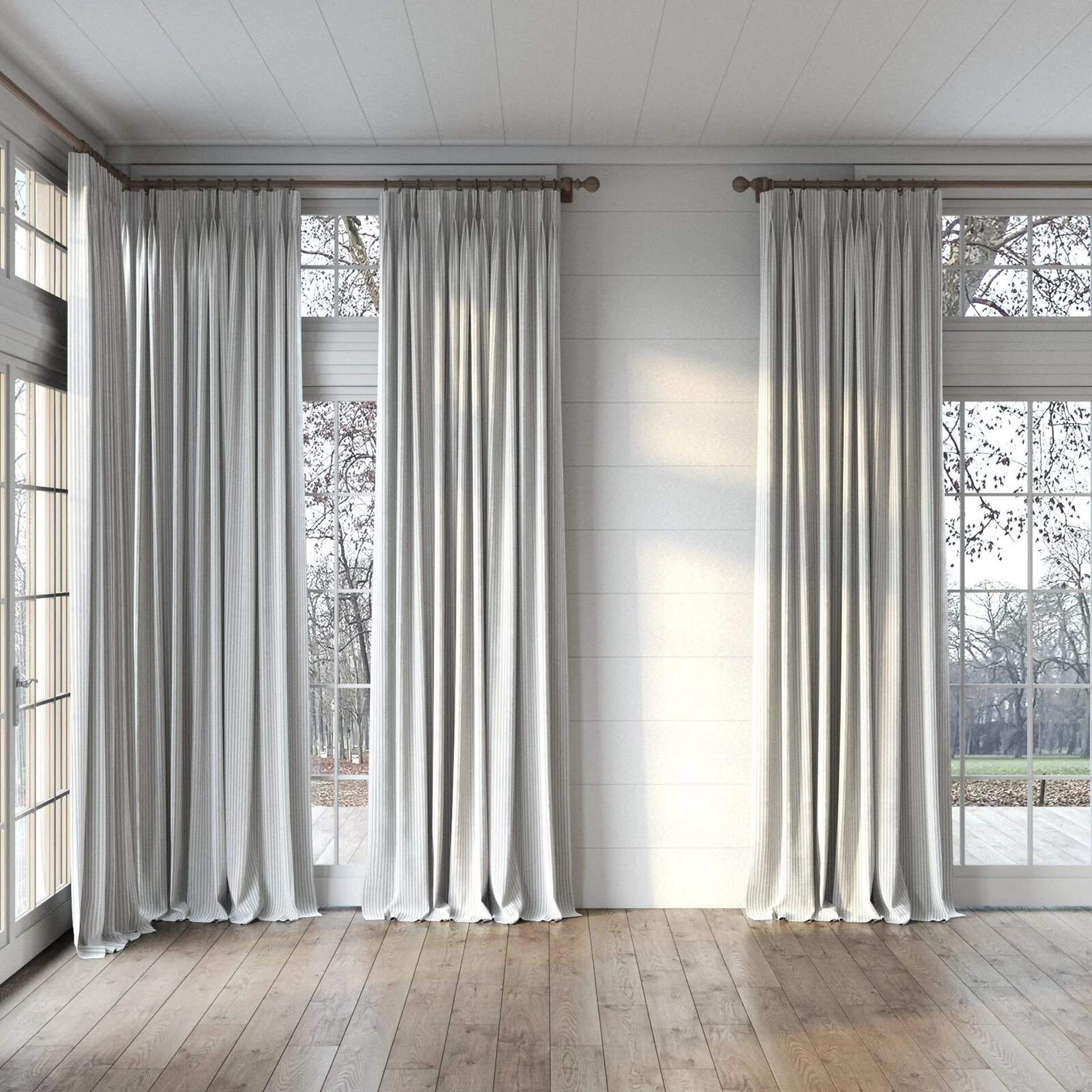 Full view of Embrace Silver, puddled, on curtain rod