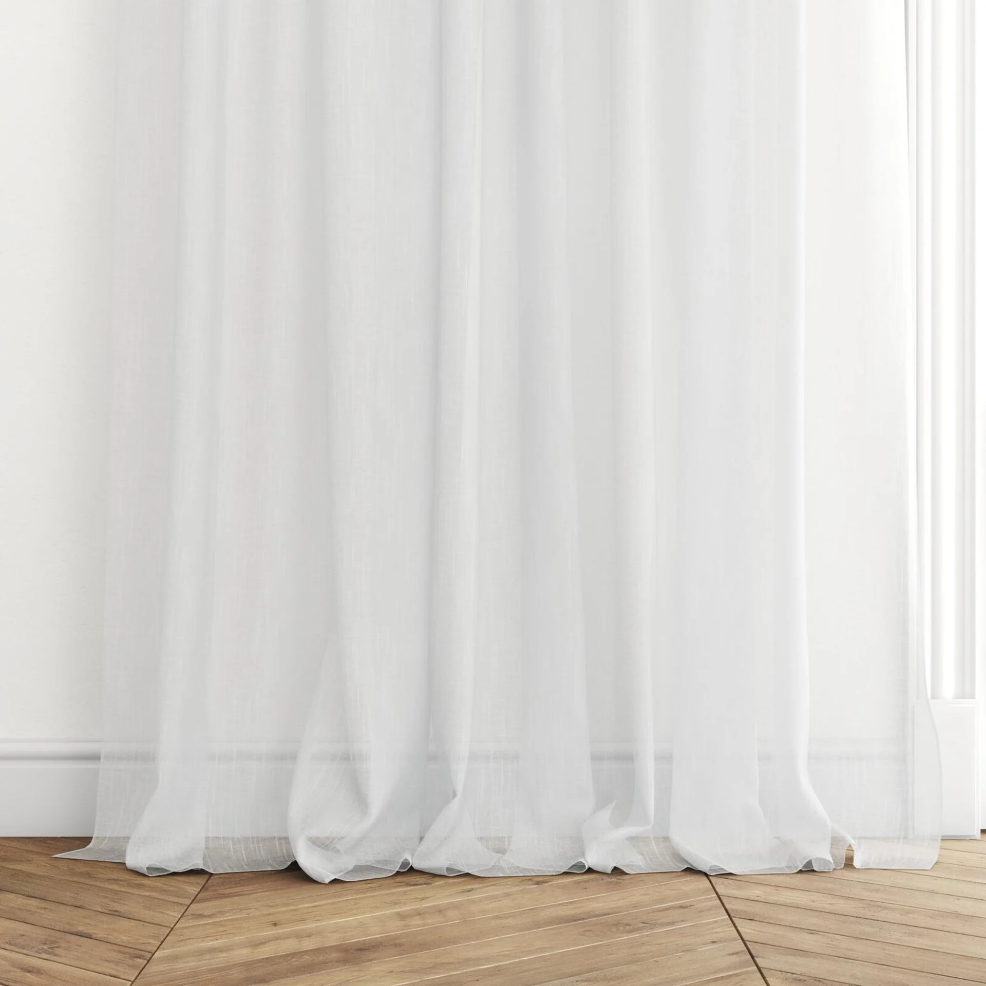 Bottom view of Rhythm Whitewash, puddled with pinch pleat, on curtain rod