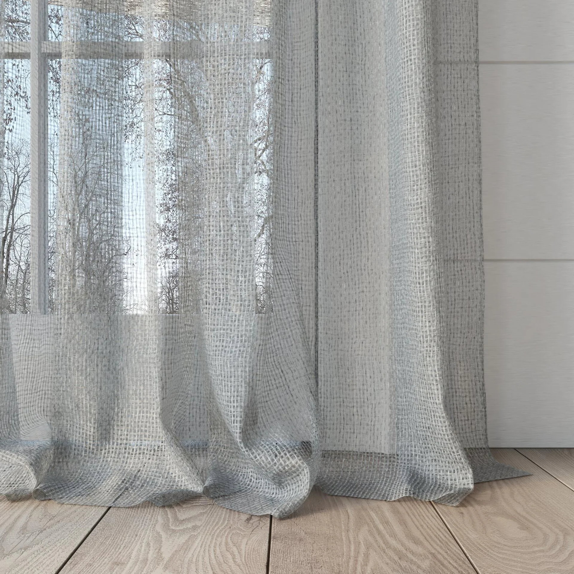 Bottom view of Kensho Dove Grey, puddled, on curtain rod