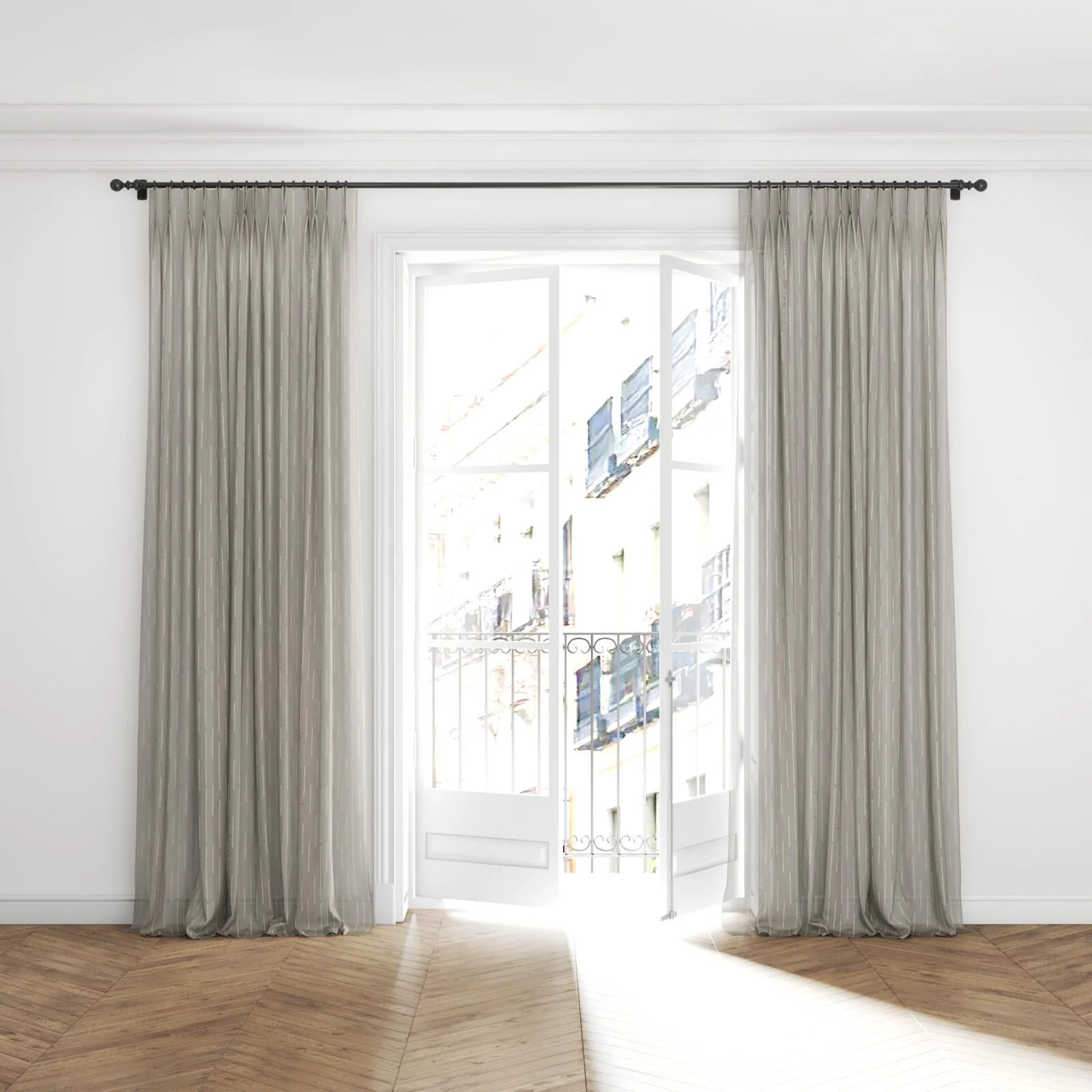 Full view of Salento Linen, puddled with pinch pleat, on curtain rod