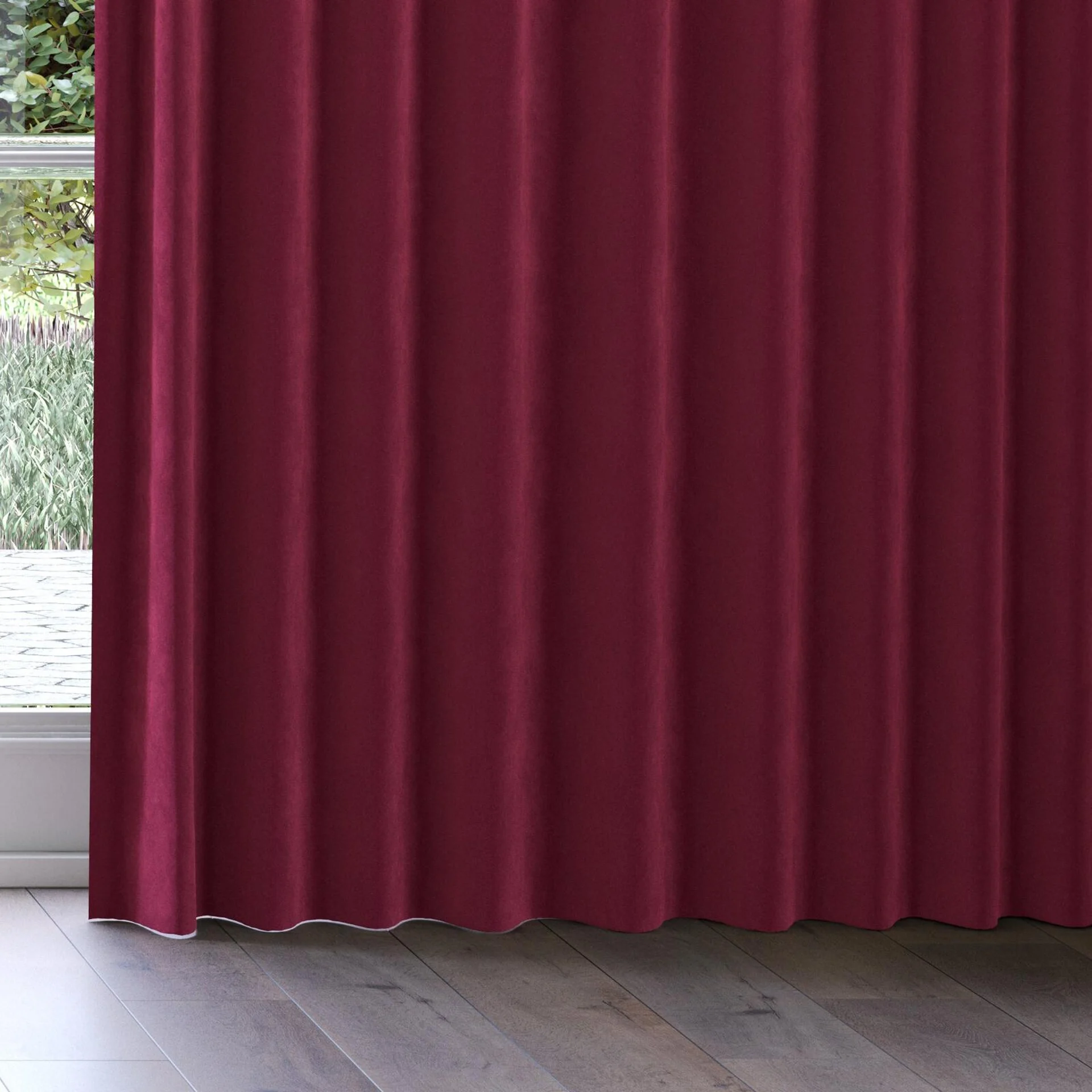 Bottom view of Lux Velvet Burgundy 10723, on curtain rail