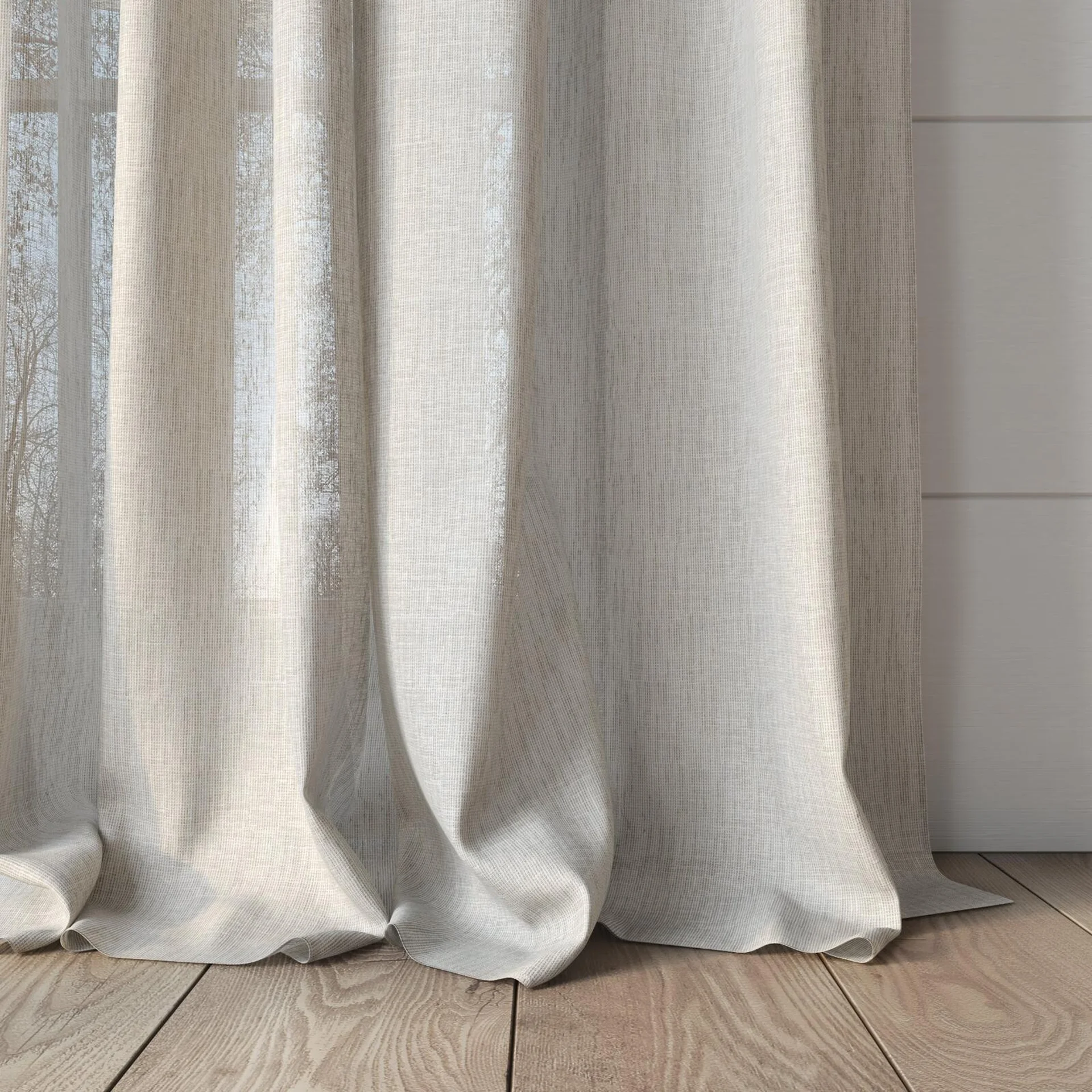 Bottom view of Shoji Sand, puddled, on curtain rod