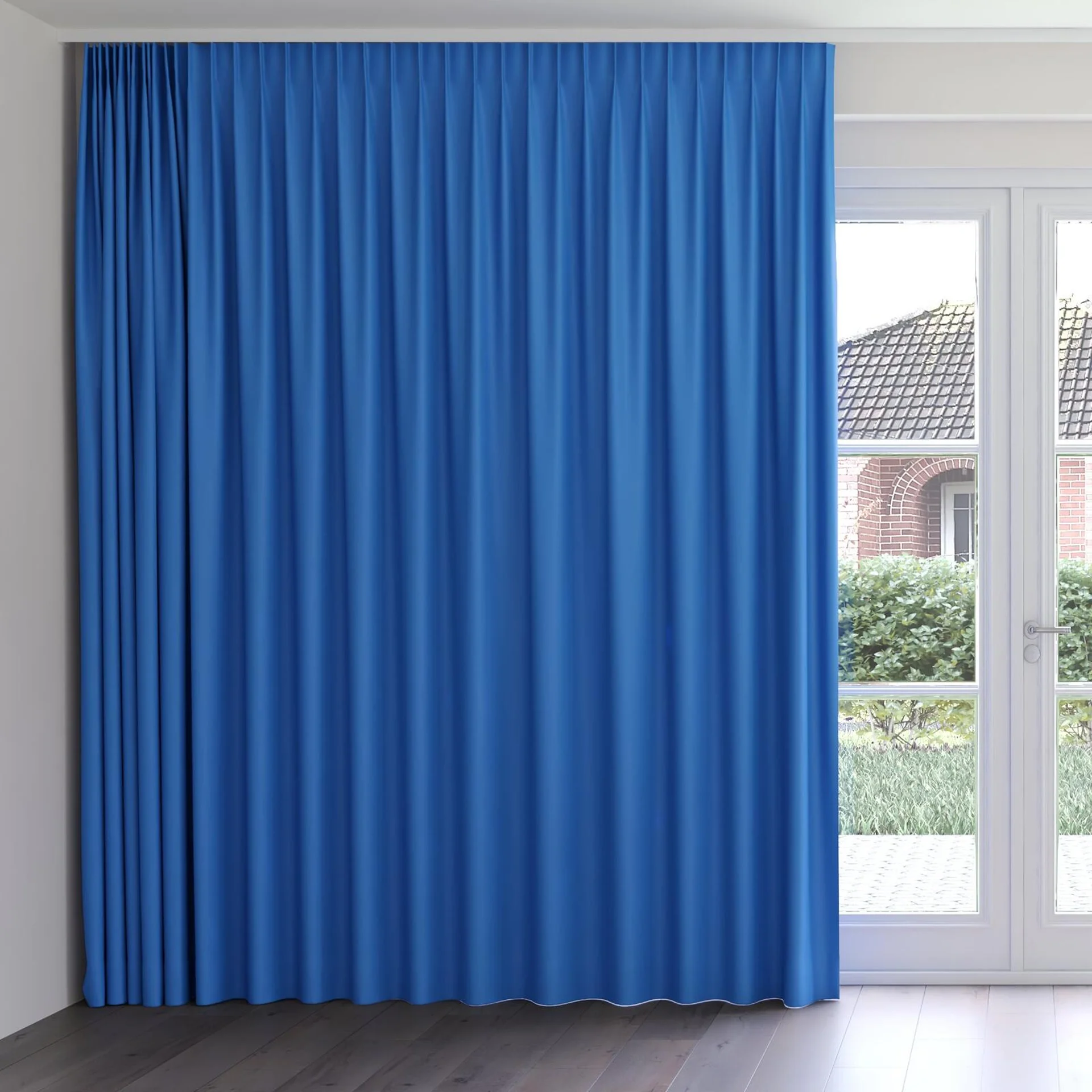 Front view of Ultra Dim Caribbean, on curtain rail