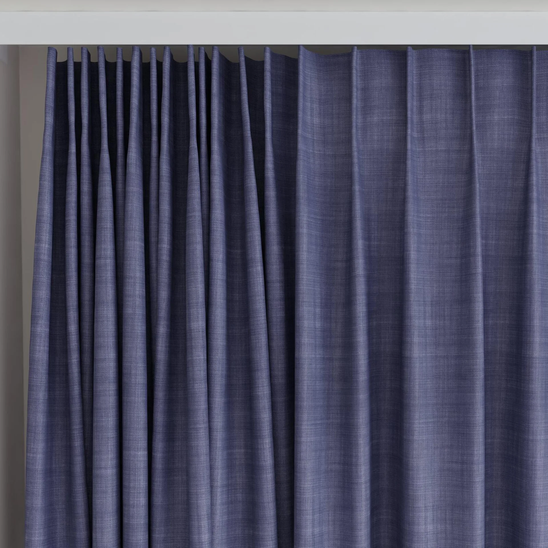 Top view of Loci Dim Out Denim, on curtain rail