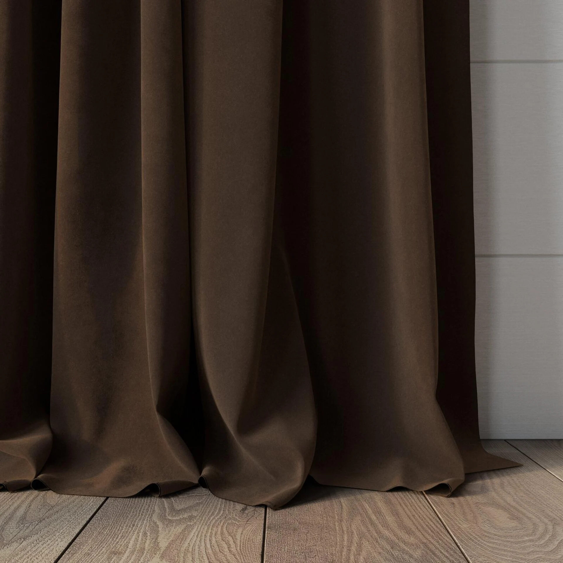 Bottom view of Lux Velvet Cocoa 8409, puddled, on curtain rod