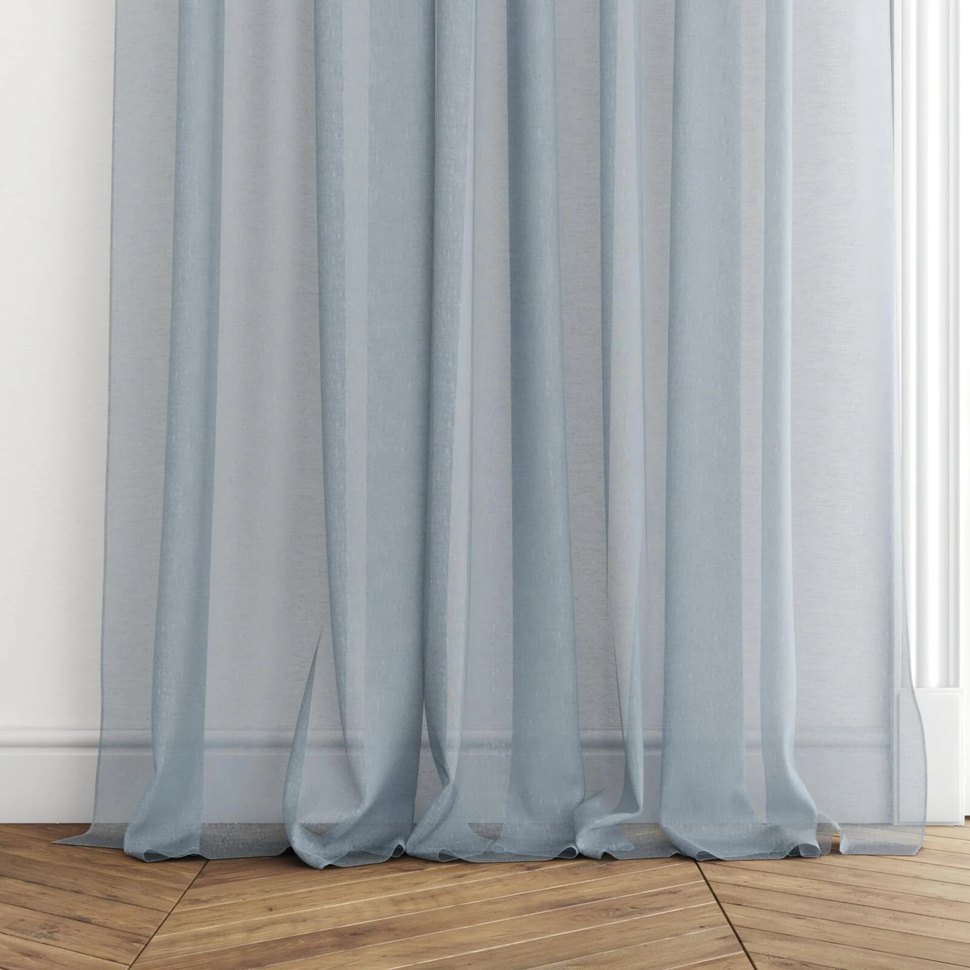 Bottom view of Graceful Cloud, puddled with pinch pleat, on curtain rod